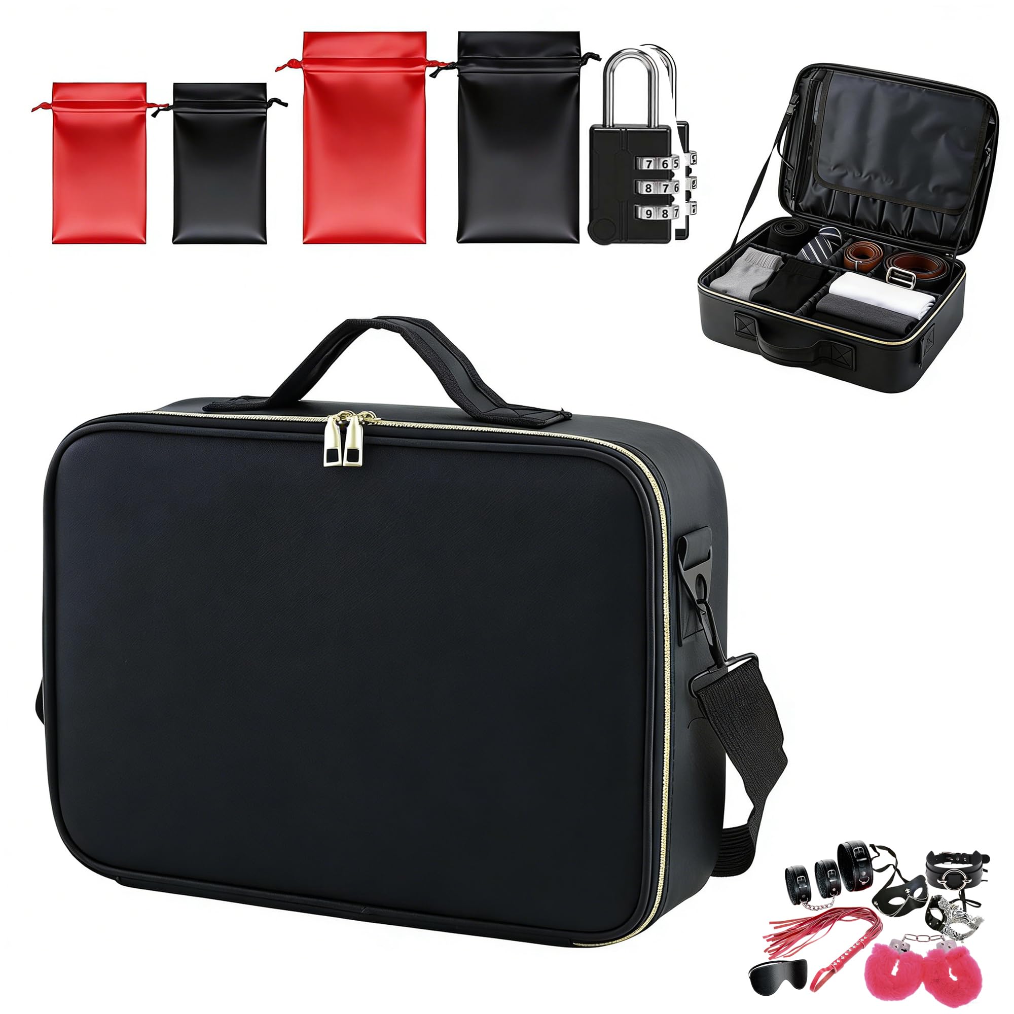 Novalunae Black Discreet Toy Storage Bag with Lock Adult Toy Storage Case Organiser with 4 Drawstring Bags Private Personal Items Storage Box Travel Storage Organizer for Women and Men