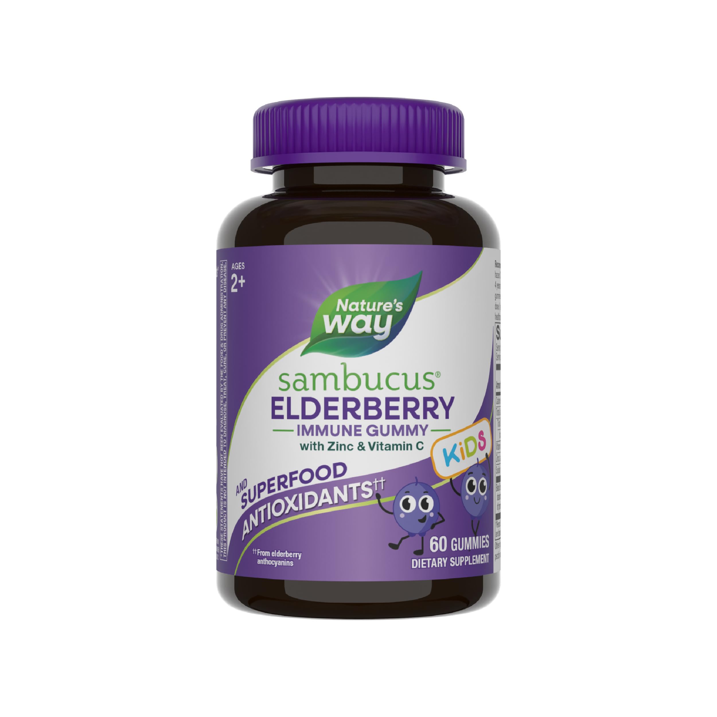 Nature's Way Sambucus Elderberry Immune Gummies for Kids, Immune Support Gummies*, with Black Elderberry Extract, Vitamin C and Zinc, 60 Gummies (Packaging May Vary)