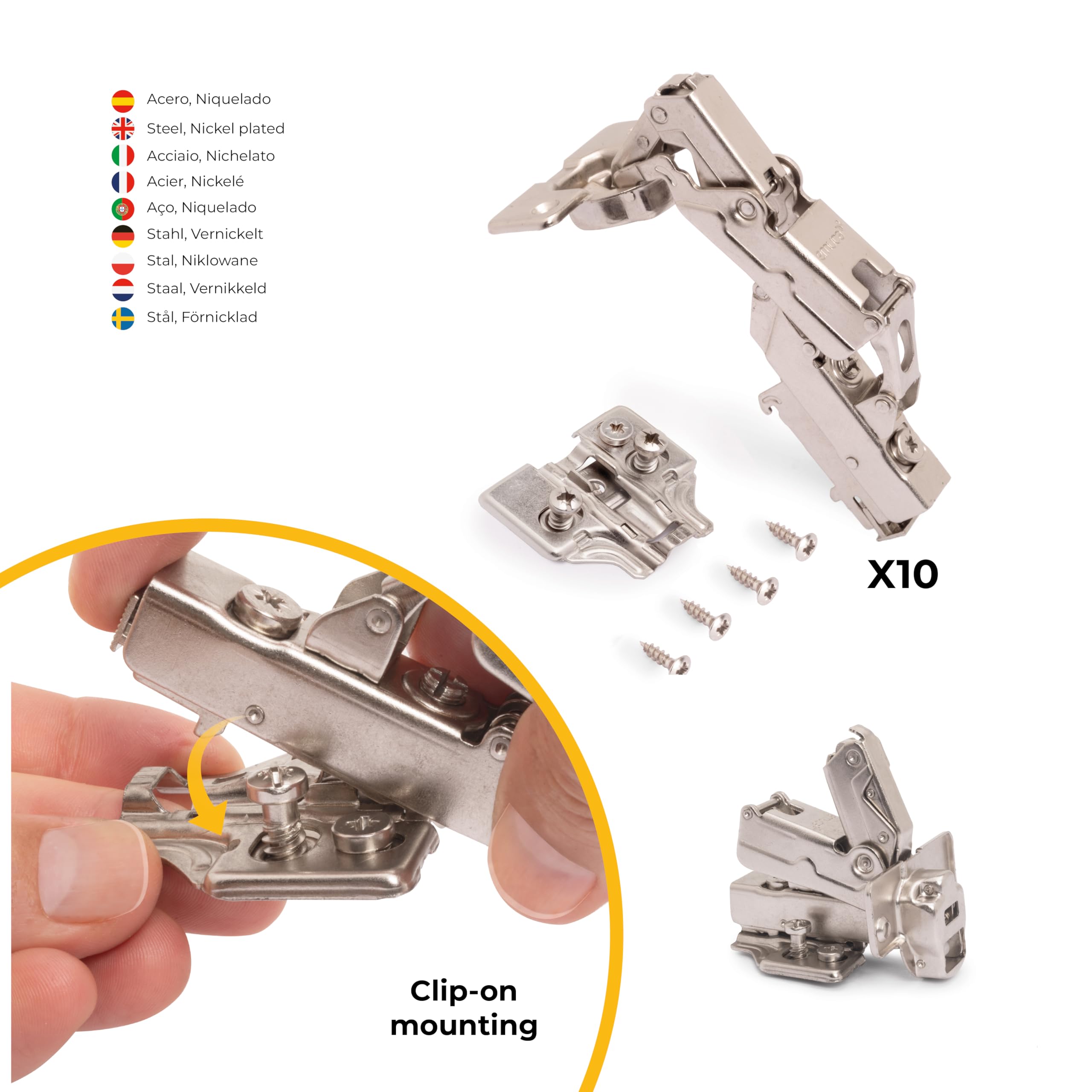 Emuca 1013107 Pack aus 10 Topfscharnieren Ø35mm 165° mit sanftem Verschluss für sich halb überlappende Türen und Euro-Zusätze zum Festschrauben mit Verbindergehäuse