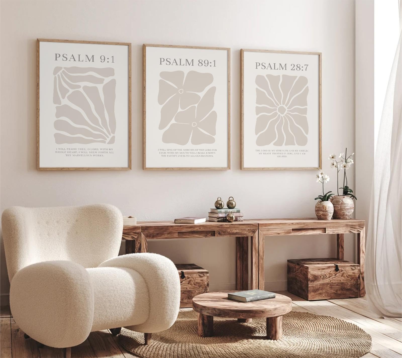 JoocriseScripture Christian Wall Art Set of 3 Beige Bible Verses Wall Decor Neutral Psalm Canvas Wall Art Modern Pictures Flower Prints Christian Artwork for Living Room Bedroom 16x24 Inch Unframed