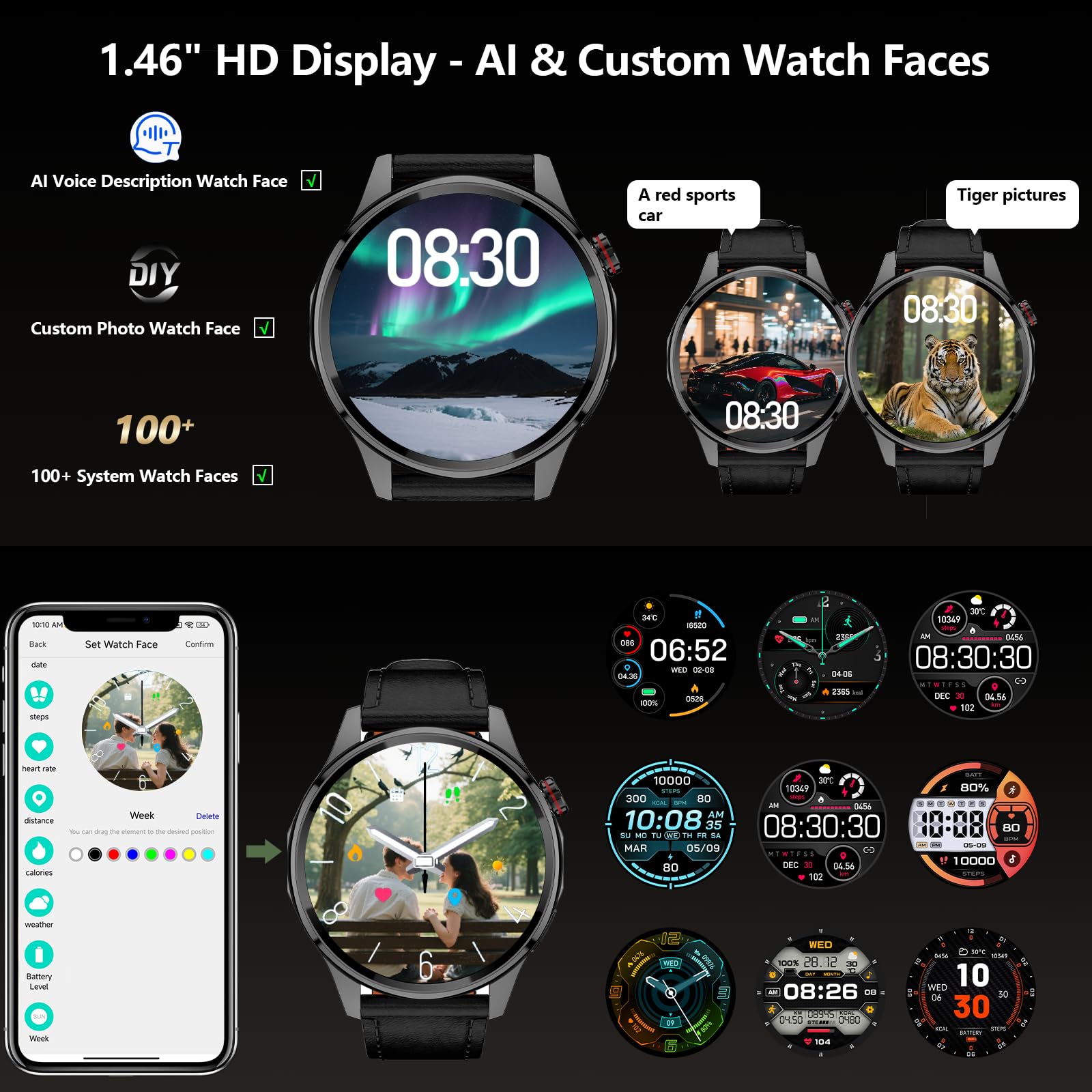 Smart Watch for Men Built-in GPS with Map, 1.46" AI Smartwatch with Health Monitor for Android Phones/iPhone, 100+ Sport Modes Fitness Tracker with Compass/Altitude/Barometer, Text Reply(2 Bands)