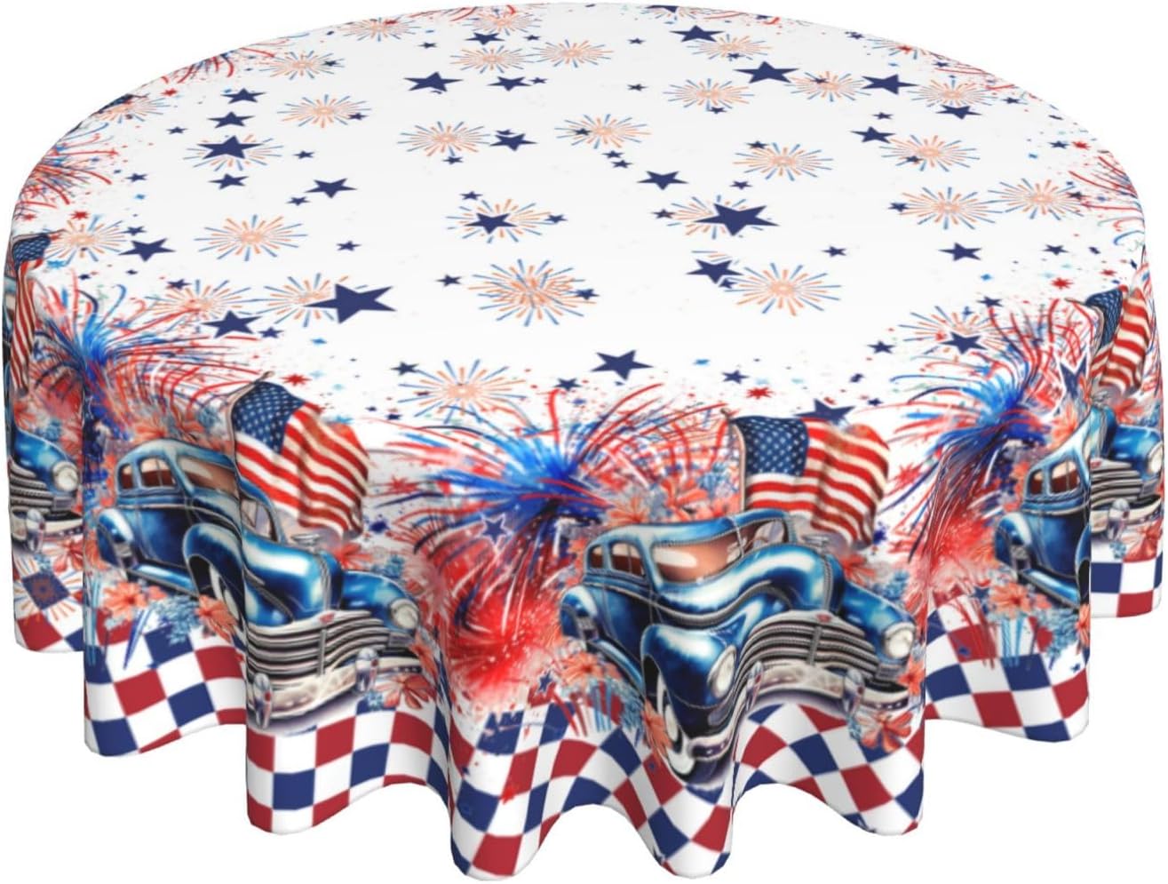 Memorial Day 4th of July Tablecloth Round 70 inch Patriotic American Flag Truck Star Table Cover Independence Day Tablecloths Decorative for Holiday Party Dining Room Kitchen Indoor Outdoor Home Decor