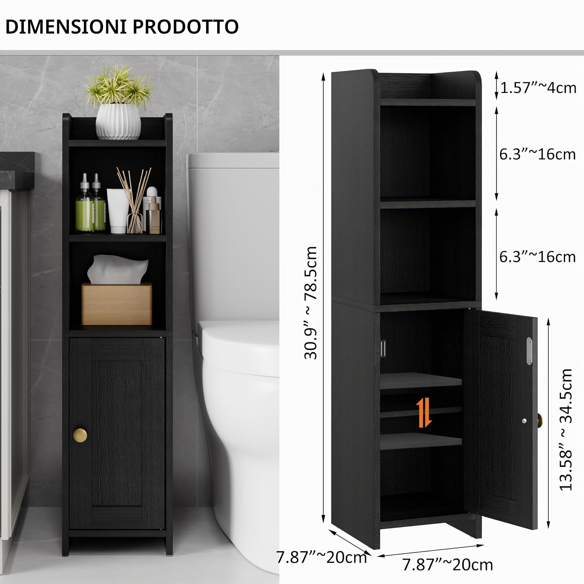 RRX Piccolo armadietto portaoggetti da bagno ad angolo, con anta, colore: nero | Armadietto angolare piccolo con ripiano regolabile, oltre a ripiani stretti per bagni stretti, 20 x 20 x 78 cm