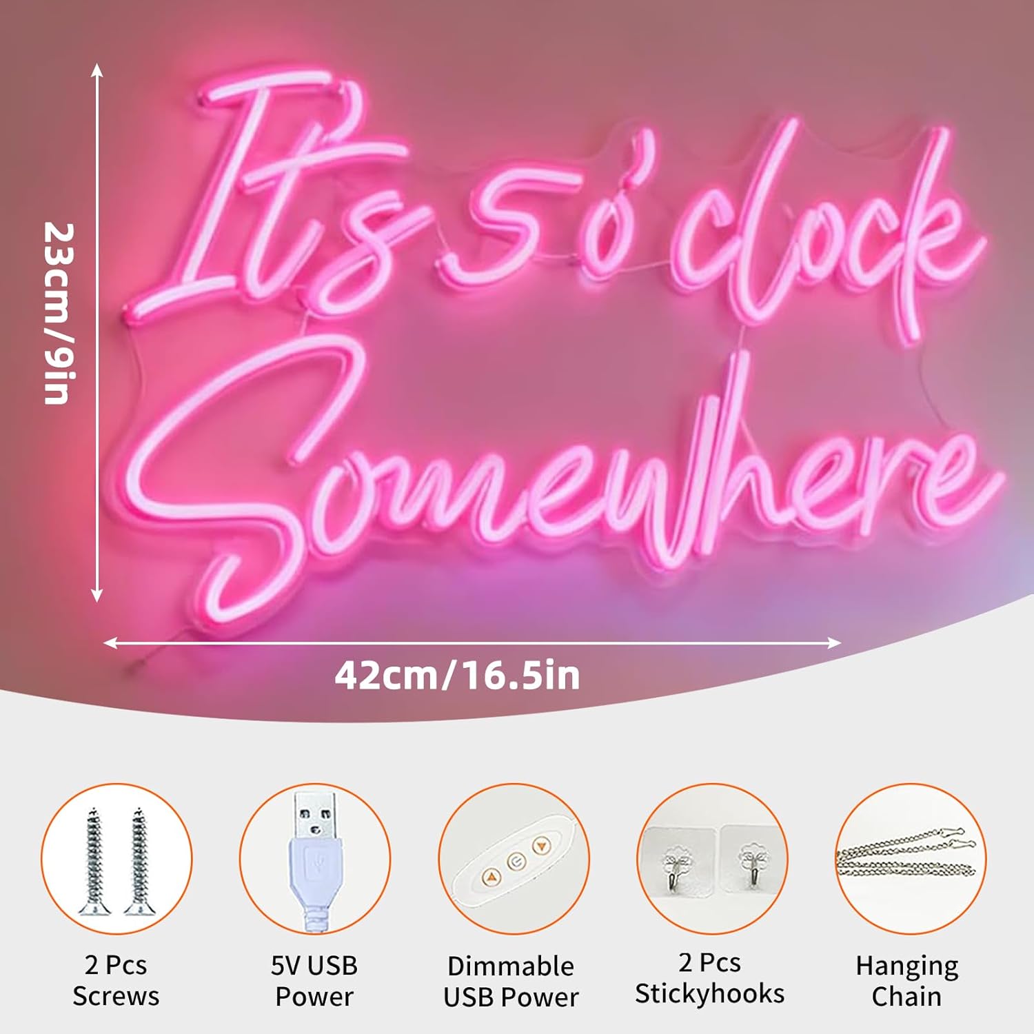 Its 5 o'clock Somewhere Neon Sign, USB Powered Dimmable Decorative Neon Light Home Office Bar Lounge Bedroom Living Room Game Room Wall Table Decor, Pink LED Light Up Sign 16.5 x 9.1 In