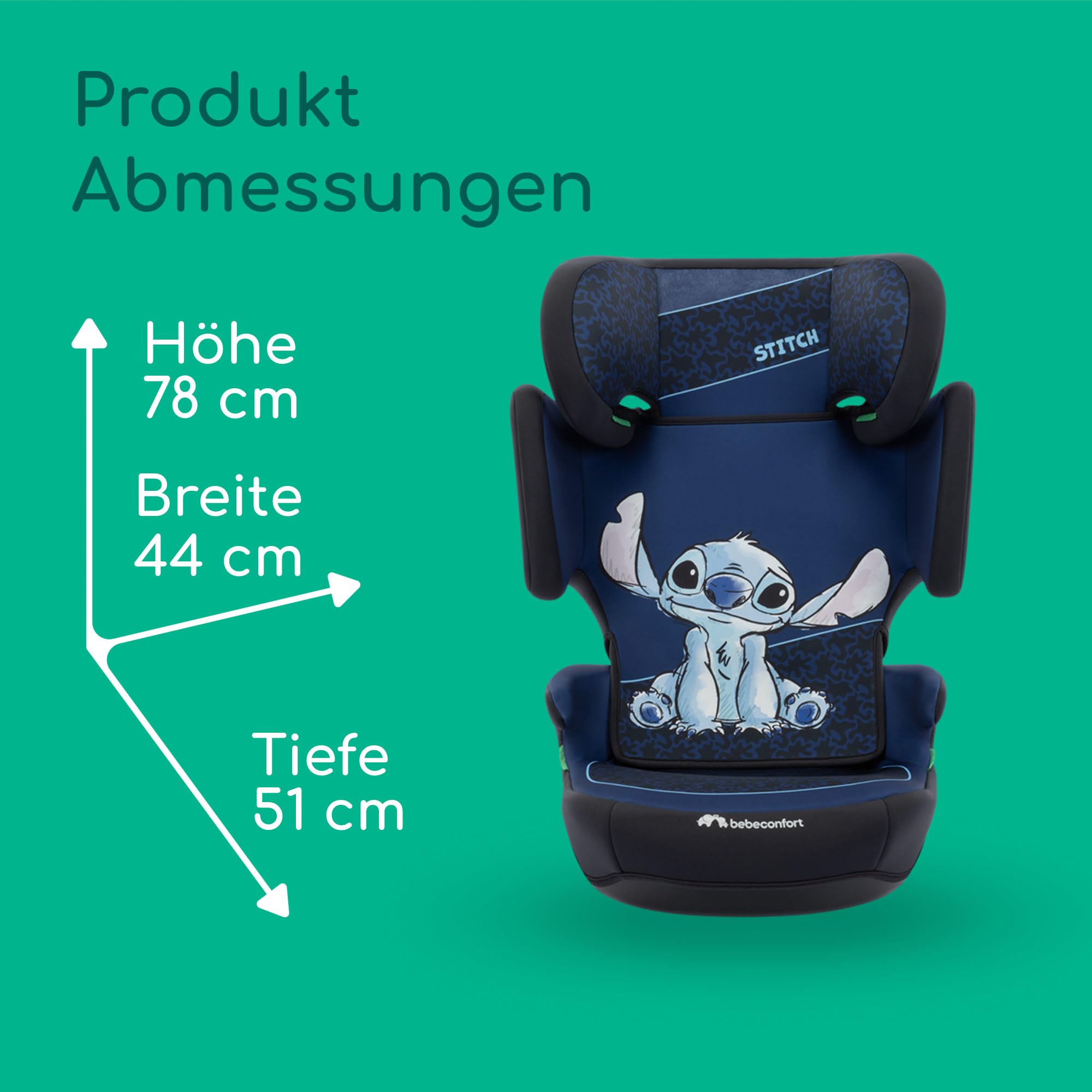 Bebeconfort Disney RoadSafe i-Size, Kindersitzerhöhung mit Rückenlehne, 3,5–12 Jahre (100–150 cm), Klappbarer Kindersitz Stitch Disney, Gurtinstallation, 14 Kopfstützenpositionen, Authentic Stitch