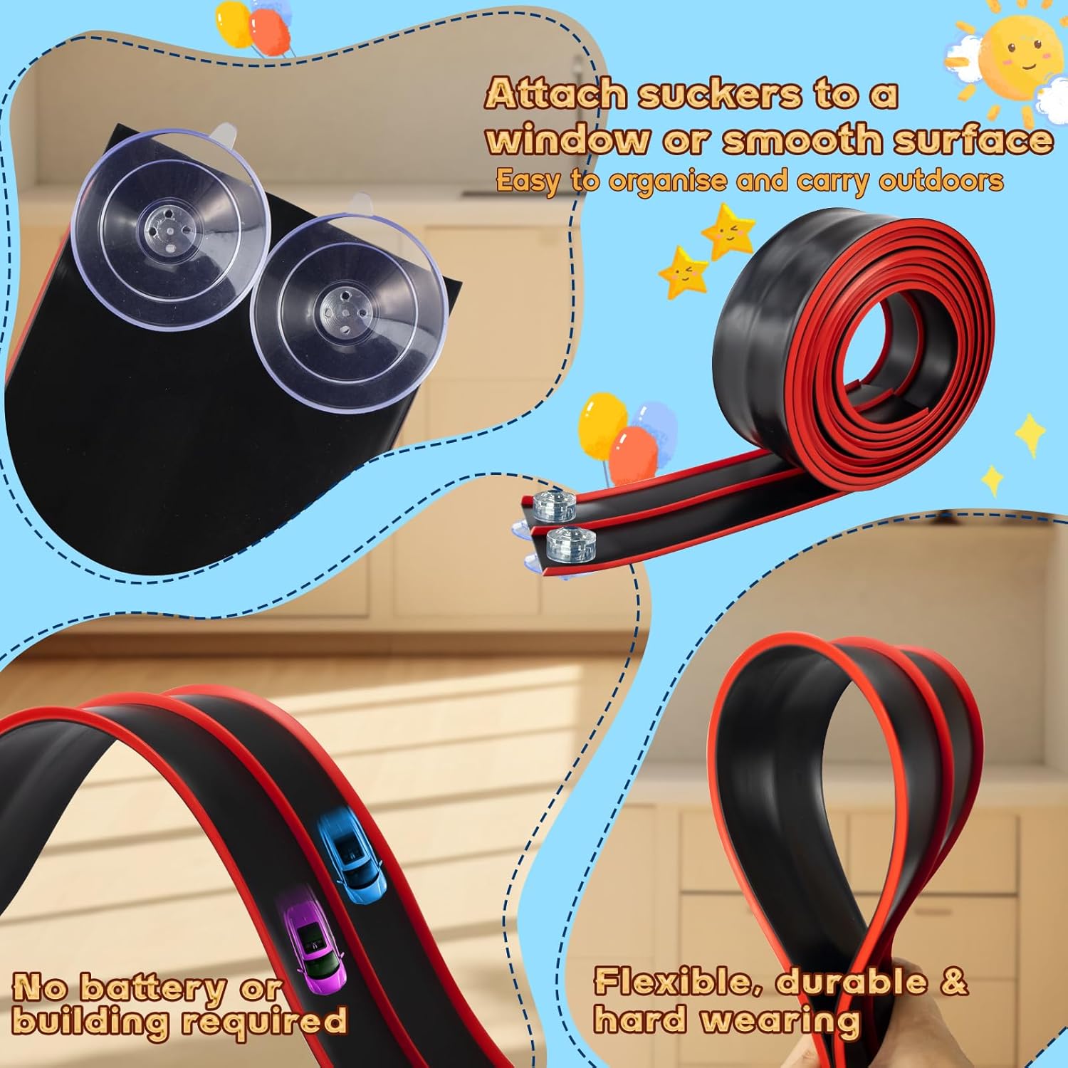 Flex Tracks 15 Ft for Kids Starter Set, Flexible Race Car Ramp Track with Suction Cups Compatible with Diecast 1/64th Cars for Ages 3 & Up (Black & Red)