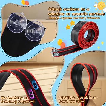 Flex Track 4.5m Starter Set, Flexible Race Car Ramp Track for Ages 3 & Up with Suction Cups Compatible with Diecast 1/64th Cars (Black & Red)