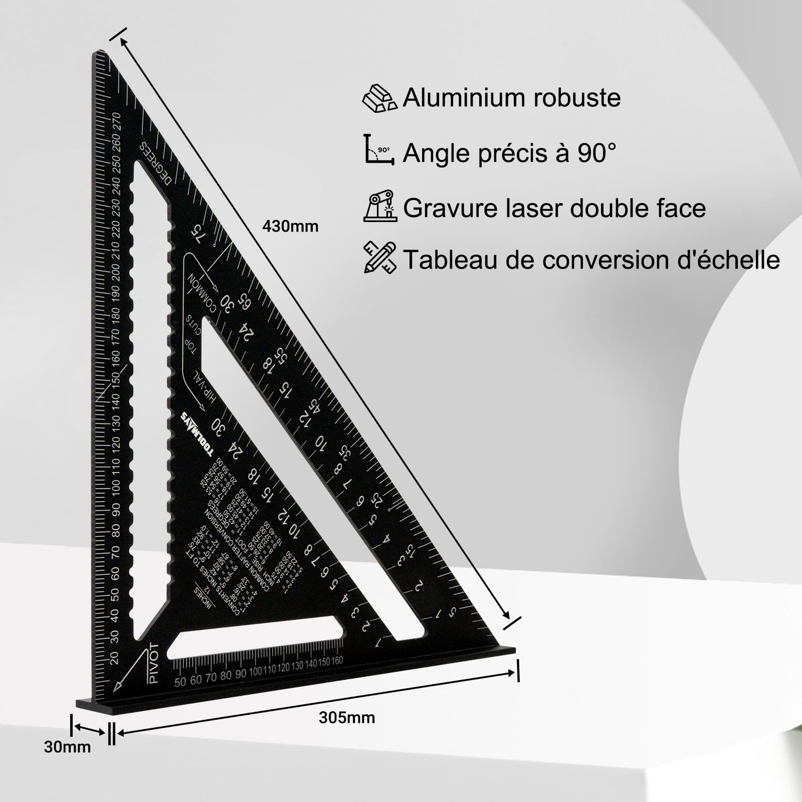 300 mm Equerre Menuisier, Équerre Charpentier Multifonction Avec Surface Innovante EffaçAble, Crayon De Menuisier, Taille-Crayon, Aluminium Equerre De Menuisier Pour Charpentiers, IngéNieurs