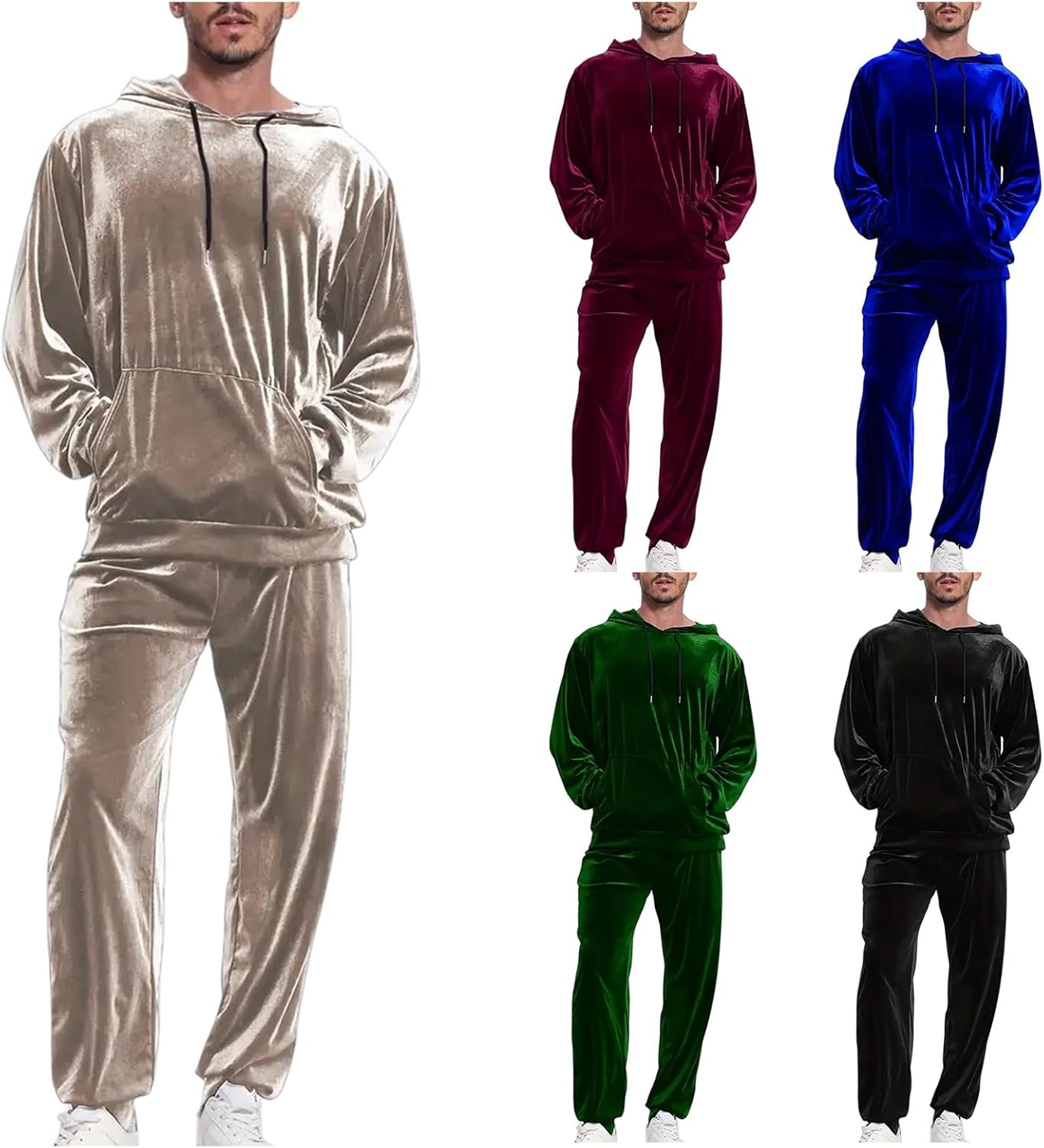 Velour Tracksuits Mens 2 Piece Set Outfits Outdoor Jogging Sweatsuit Solid Color Drawstring Hoodies and Pants Fashion