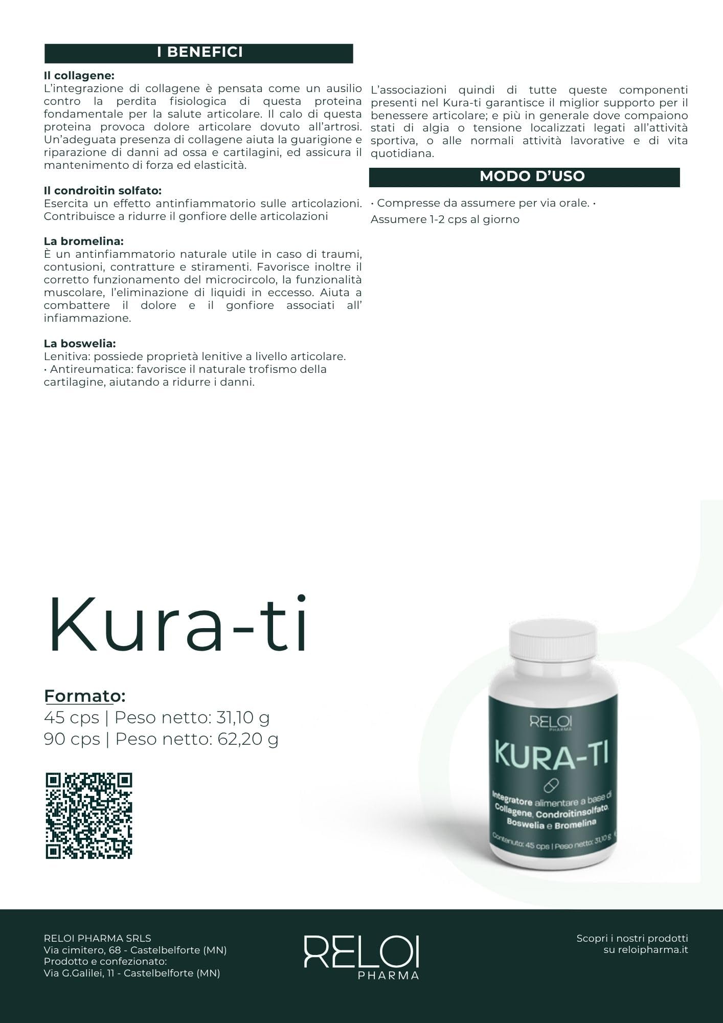 KURA-TI Condroprotettore per Articolazioni, con Collagene, Condroitinsolfato, Boswellia e Bromelina. In Capsule. (90 cps)