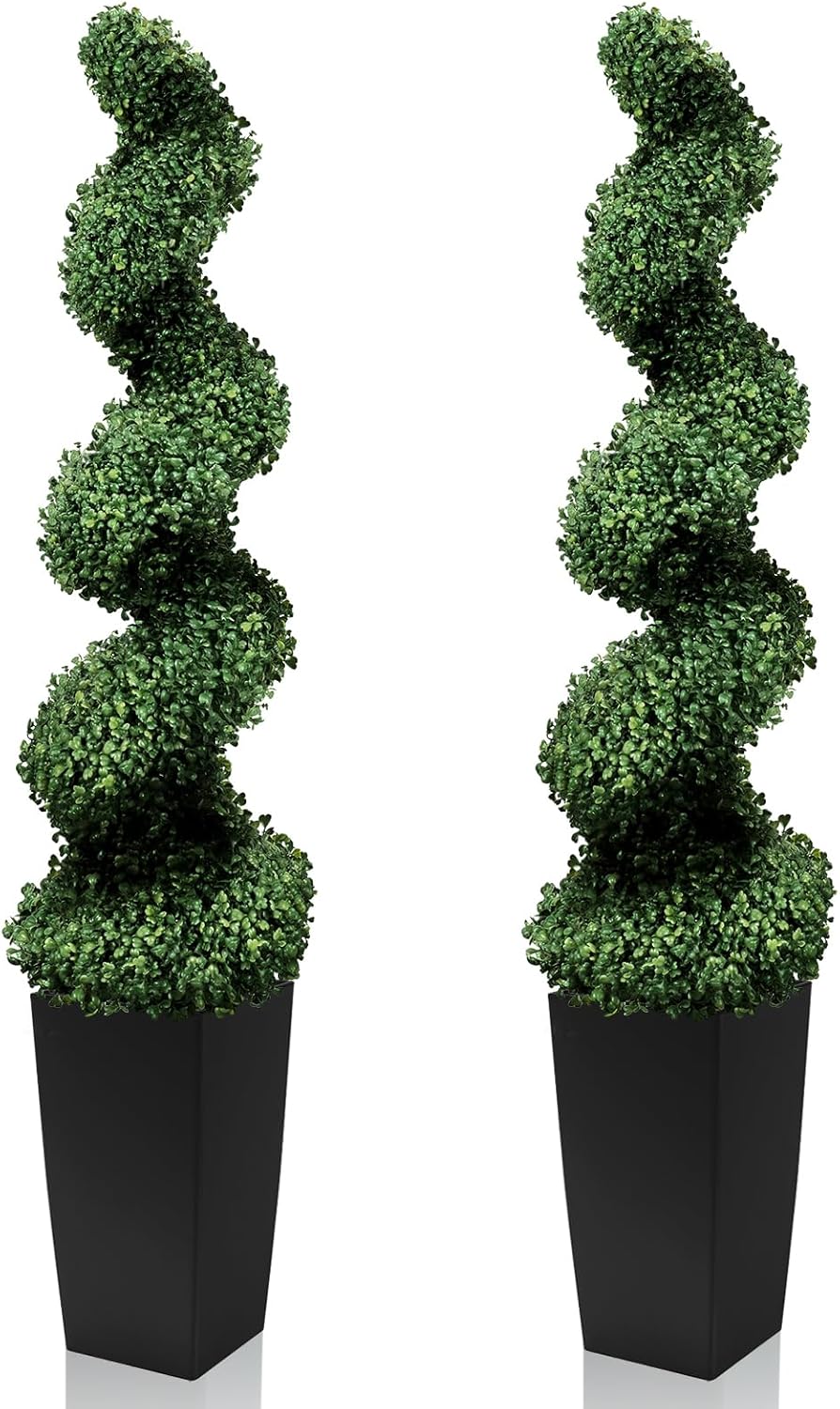 Mavis's Diary 5FT Artificial Spiral Topiary Trees, Set of 2 UV Resistant Faux Boxwood Plants in Square Planter, Indoor Outdoor Fake Shrubs for Front Porch, Entryway, Patio, Home Decor