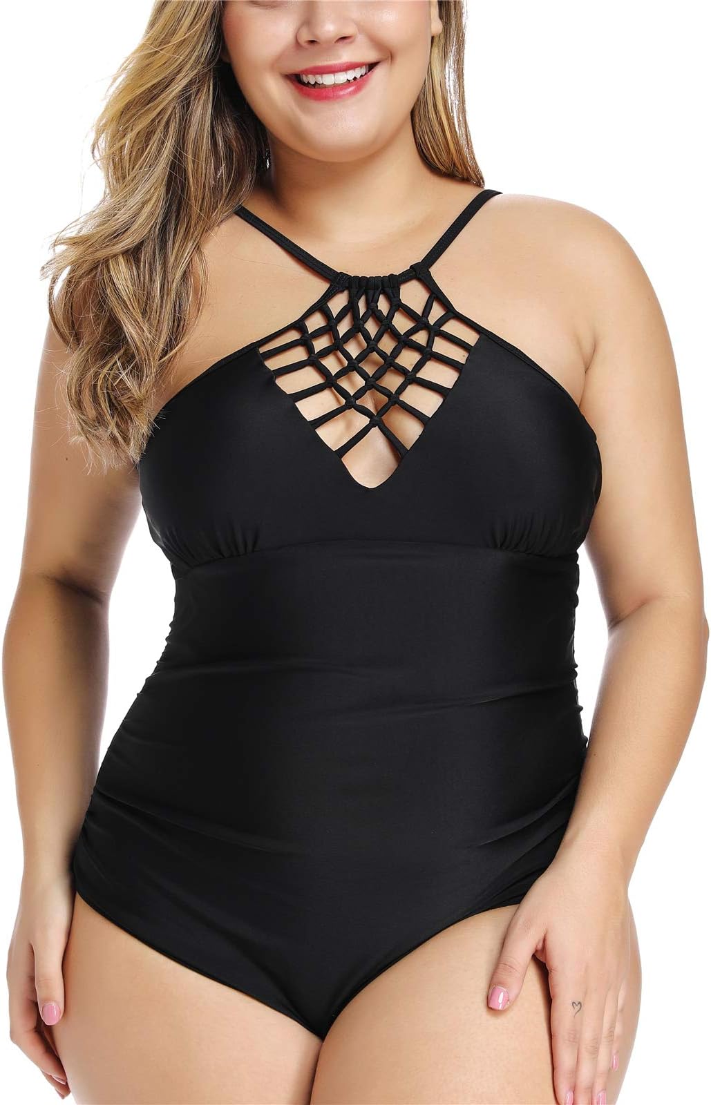 FlatterMe Women's Black Cut Out Cross Straps Bikini Plunge Neck Tummy Control One Piece Swimsuit