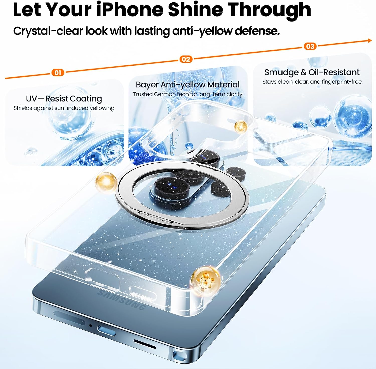 360°Ring Stand for Samsung Galaxy S26 Ultra Case with 1X Screen Protector +1X Camera Cover,Fit for MagSafe, Anti-Yellowing & Scratch-Resistant Back Phone Case for S26 Ultra 6.9", Clear Glitter Stand