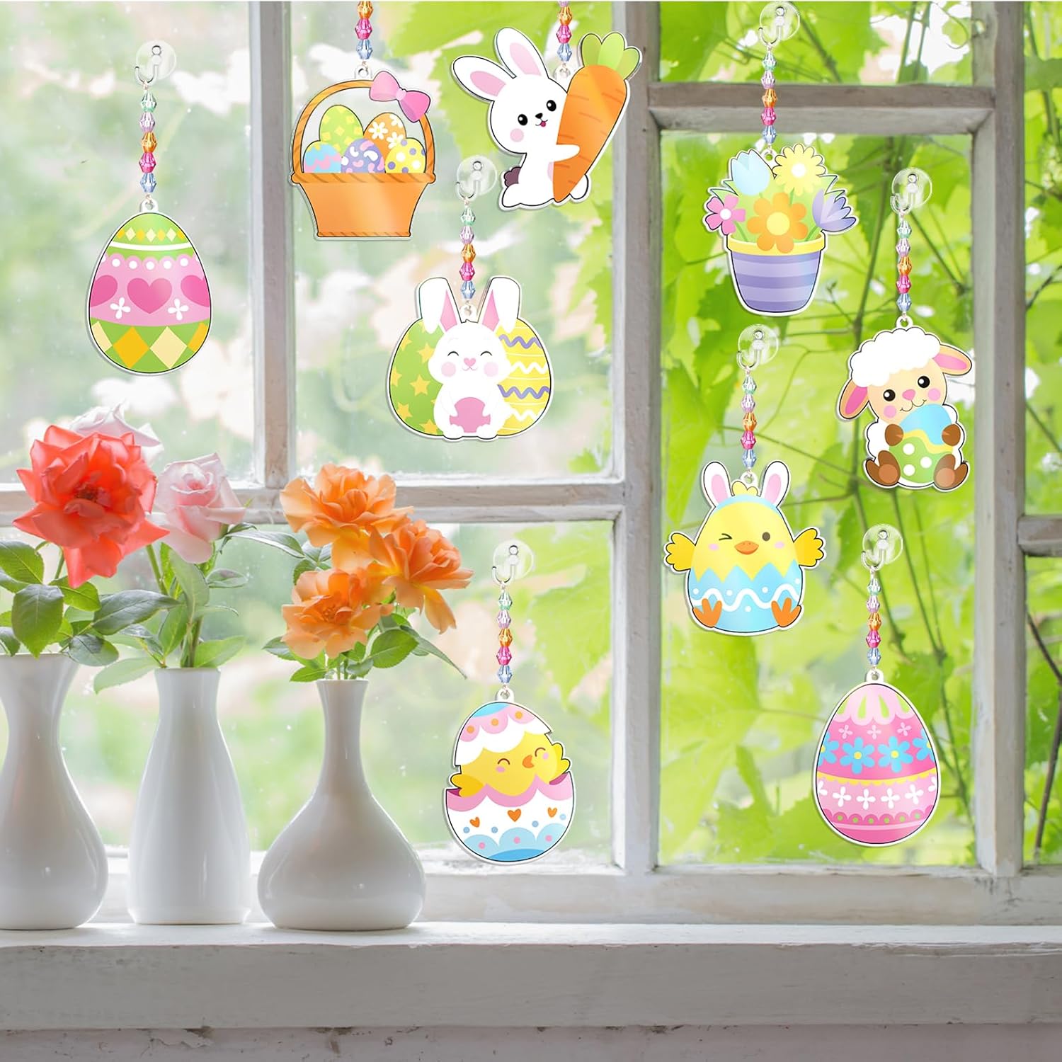 Dunzoom 30 Set Easter Craft Kit Suncatchers Kit Spring Easter Eggs DIY Suncatchers Craft Kit Make Your Own Suncatcher Paint Easter Bunny Sun Catcher Ornaments for Spring Art Craft Painting Activity