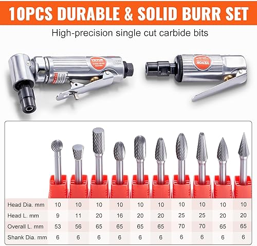 Miniatura 4 de VEVOR Kit de amoladora de troqueles de aire, amoladora de ángulo recto con amoladora de troquel y juego de 10 fresas de carburo de un solo corte,