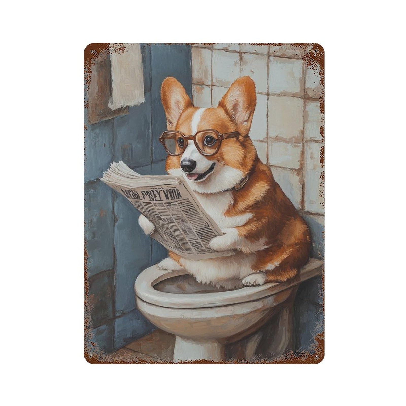 Rust Effect Corgi Reading Newspaper on Toilet Weathered Tin Sign 15.7"x11.8", Retro Wall Decor for Garage, Bar And Workshop Decor