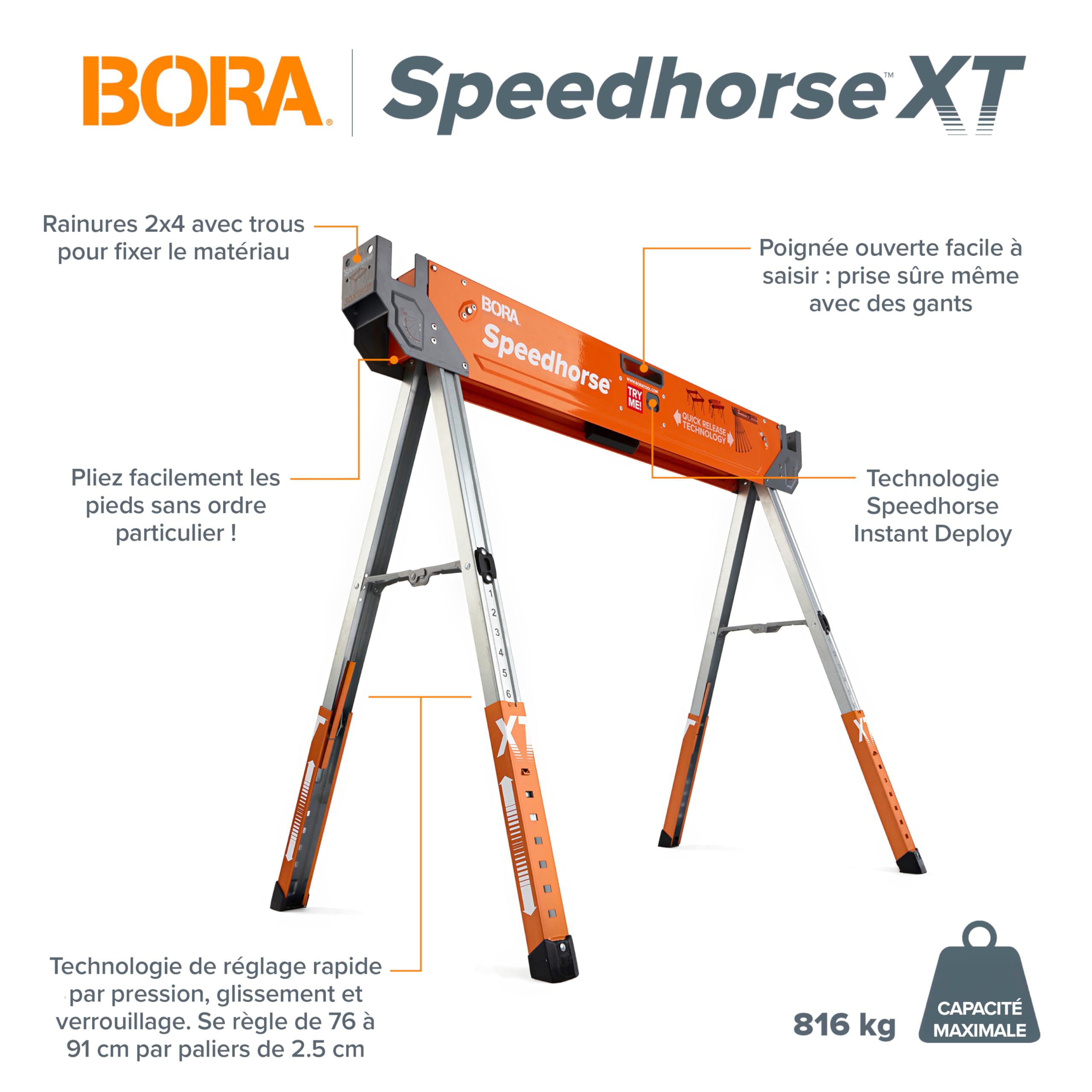 BORA Portamate Speedhorse XT PM-4550T Lot de 2 chevalet de sciage à hauteur réglable de 76,2 à 91,4 cm, dessus en métal pour 5,1 x 10,2 cm, pour entrepreneurs et charpentiers, orange
