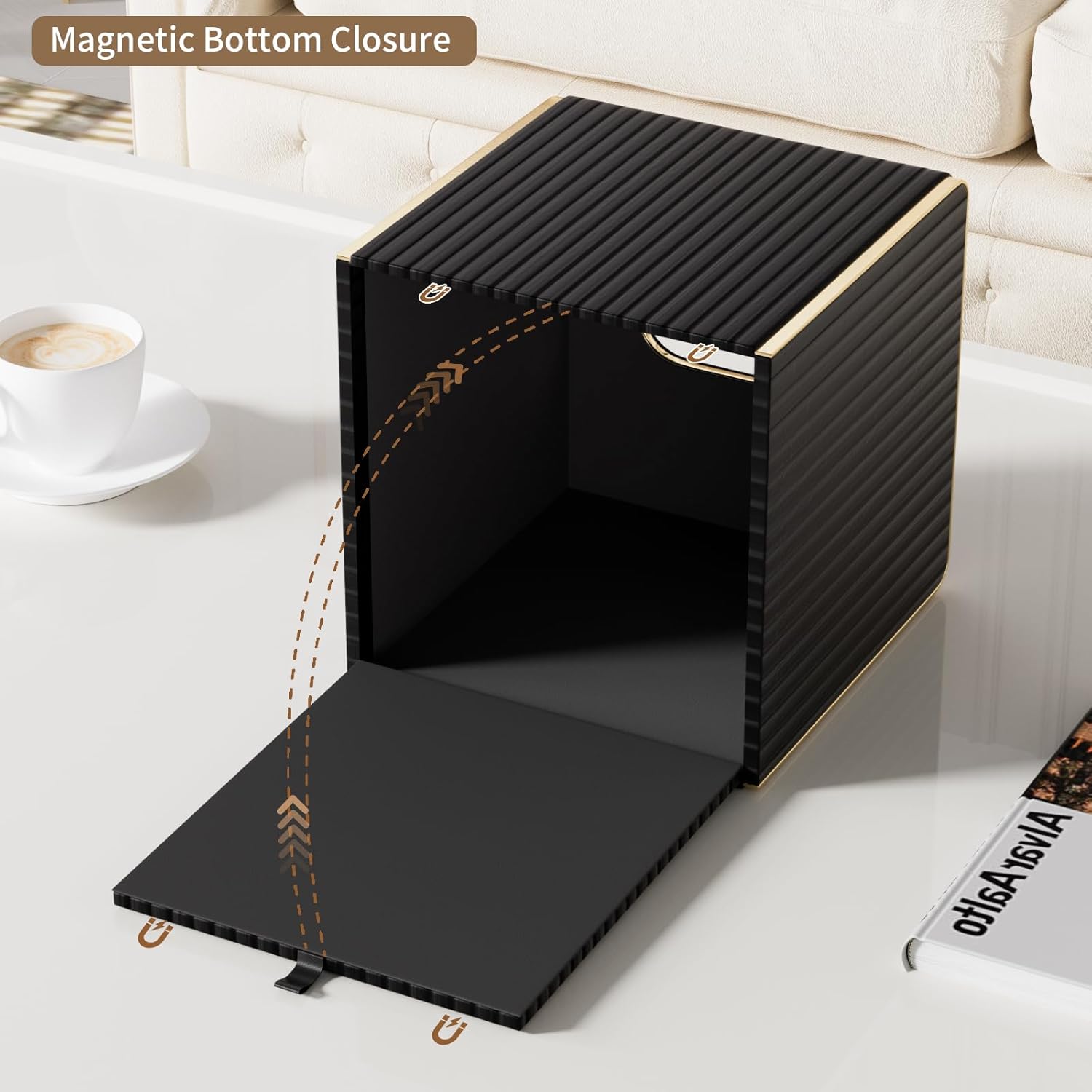 Tissue Box Cover,Black Square Luxury PU Leather Tissue Holder with Gold-Tone Edging Accents,Tissue Box Cover for Bathroom Toilet Bedroom Living Room Table Desk Office,Coffee Table Decor
