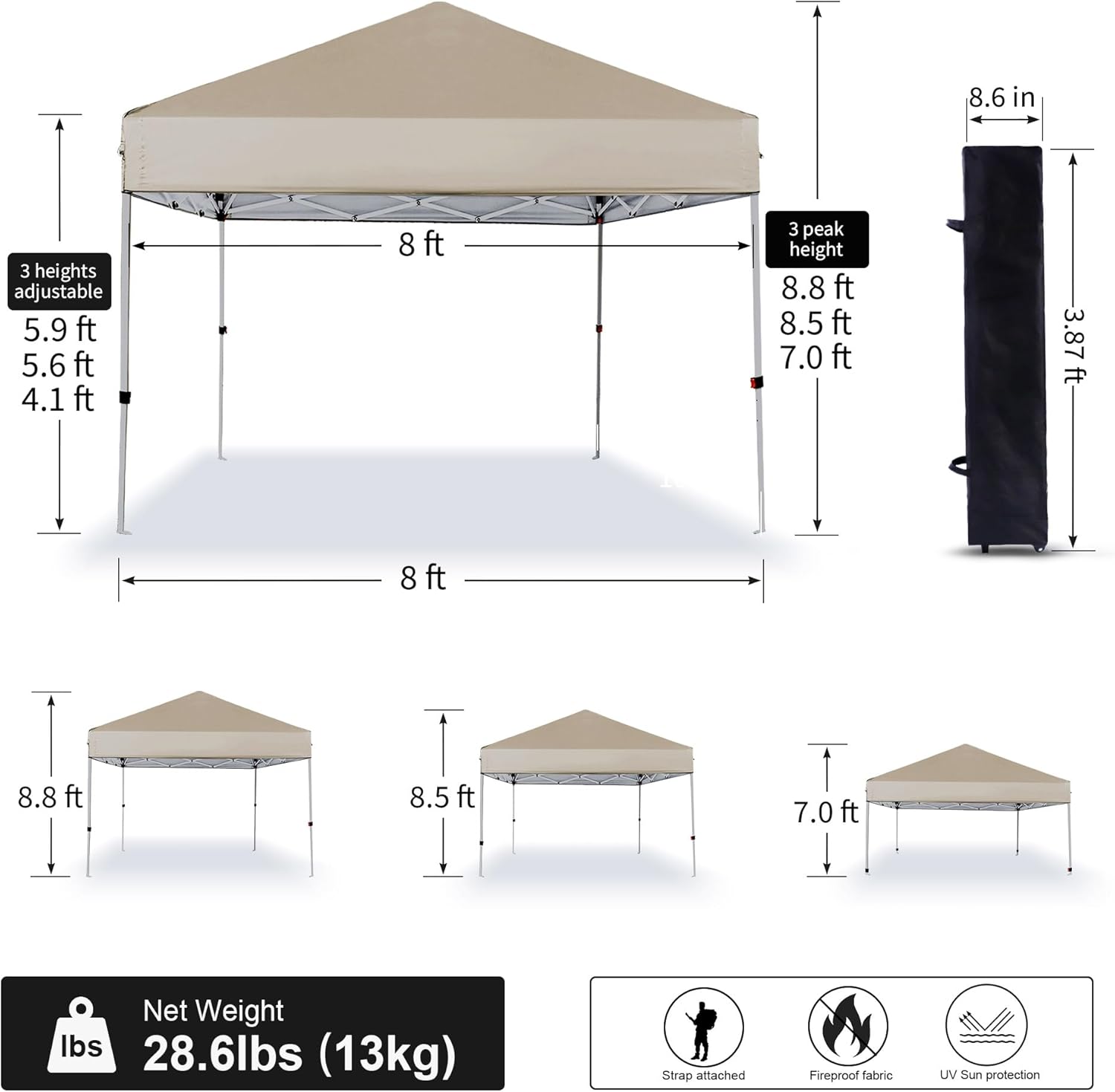 canopy tent 8x8 ft,instant pop up shelter w/carry bag,4 ropes,adjustable straight leg heights,8x8 ft top shelter tents for parties,garden,commercial event,black 8'x 8' beige