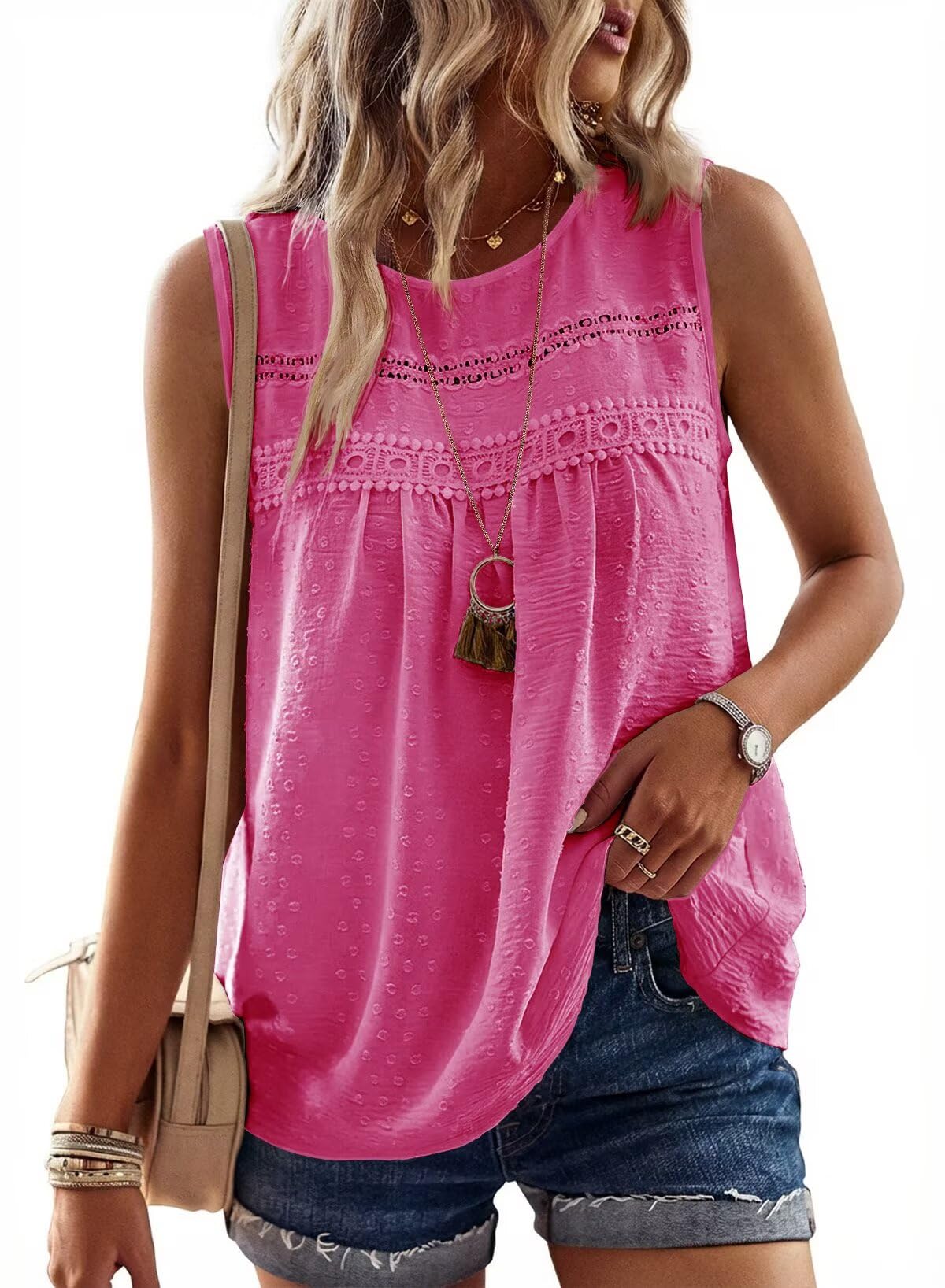 Falechay Tank Tops for Women Flowy Boho Cute Swiss Dots Sleeveless Shirts | Crewneck Loose Fit Summer Blouses, Daily Casual, Hide Belly Fat, Cute Lace Hem Ladies Tunic, Babydoll Crochet Trendy Clothes