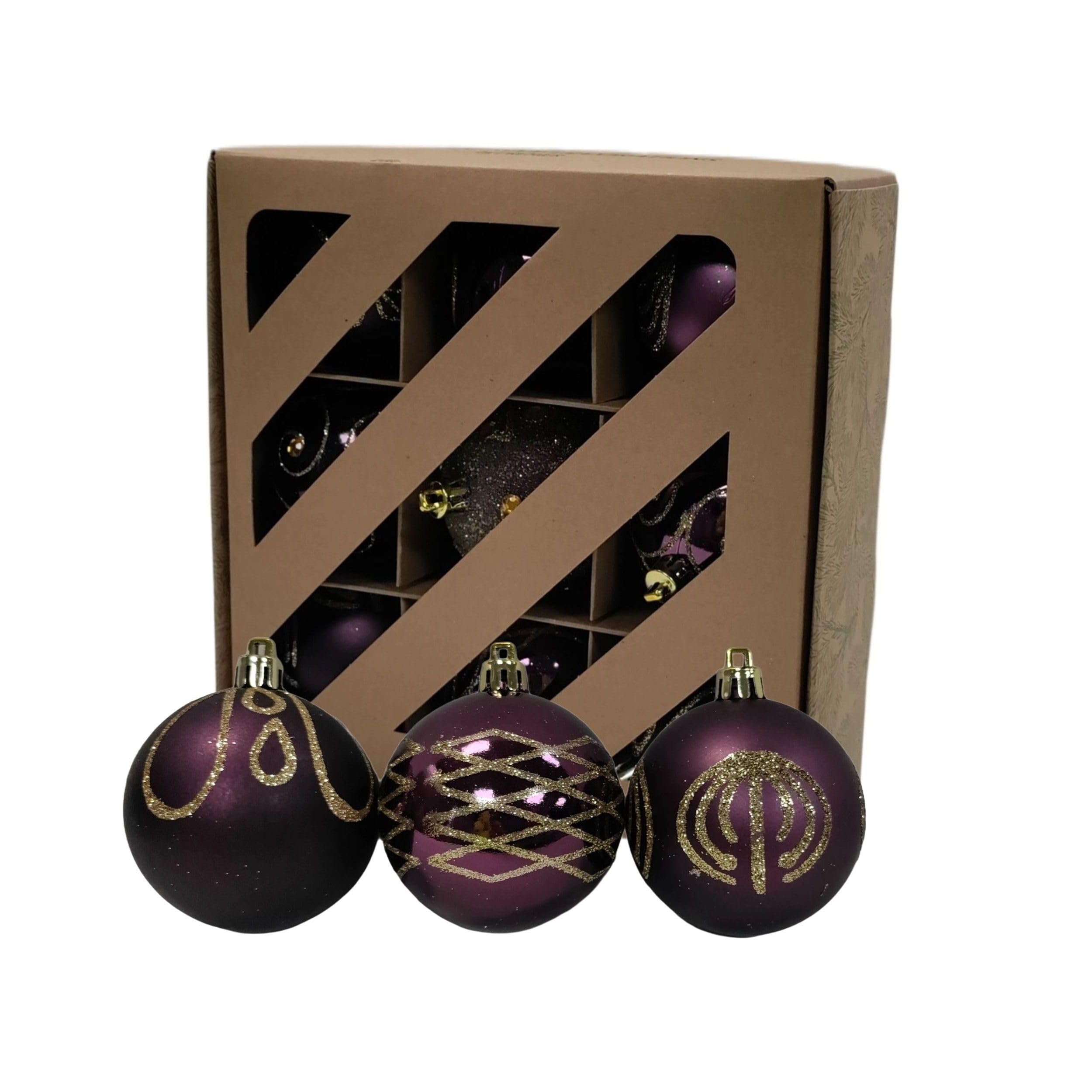 Premier Plum 9 Decorated Purple Baubles - Christmas Tree Hanging Ornaments - 60Mm 6Cm Matte & Shiny Glitter Set