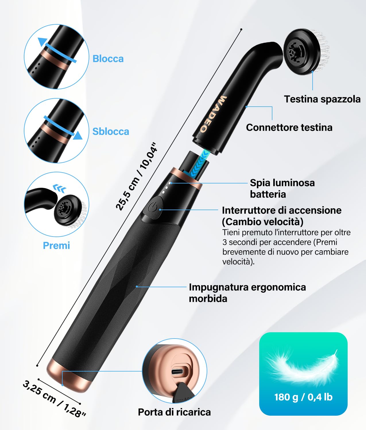 WADEO Piccola Spazzola Ricaricabile per Crepe e Piastrelle, [2600mAh] [11 Testine] 3 Velocità, IPX7 Impermeabile, Spazzola Elettrica per Bagno, Cucina, Lavandino, Vasca, Pavimento