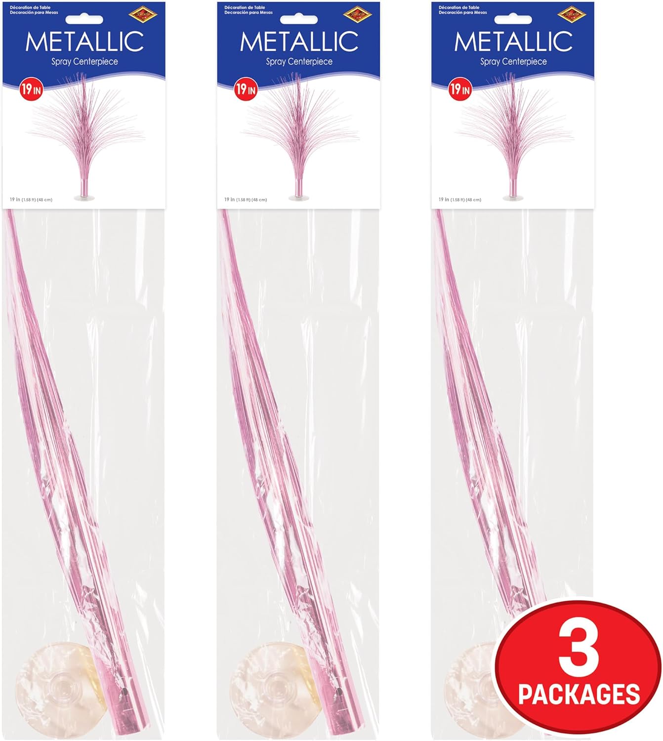 Beistle Pink Metallic Spray Centerpieces – 3-Pack Tinsel Burst Table Decorations with Clear Base for Baby Showers, Gender Reveals, Graduations, and Birthday Girl Celebrations, 19"