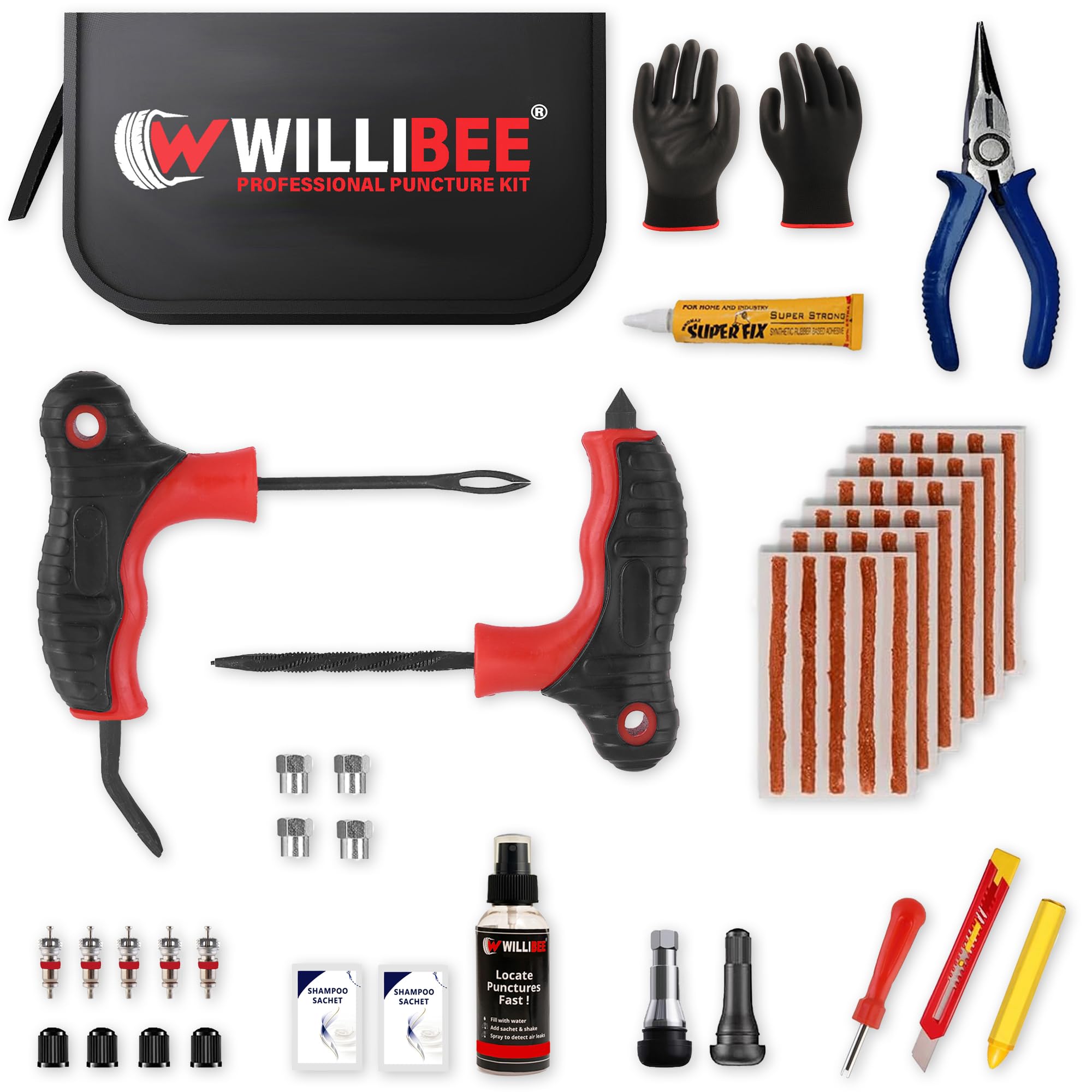 WILLIBEE15-in-1 (Pack of 20 Strips) Tubeless Tyre Puncture Repair Kit for Car, Bike, Scooter & SUV (with Storage Bag) | Universal Emergency Tyre Fix Tool Set, Flat Tire Puncher Repair Kit-picture-32