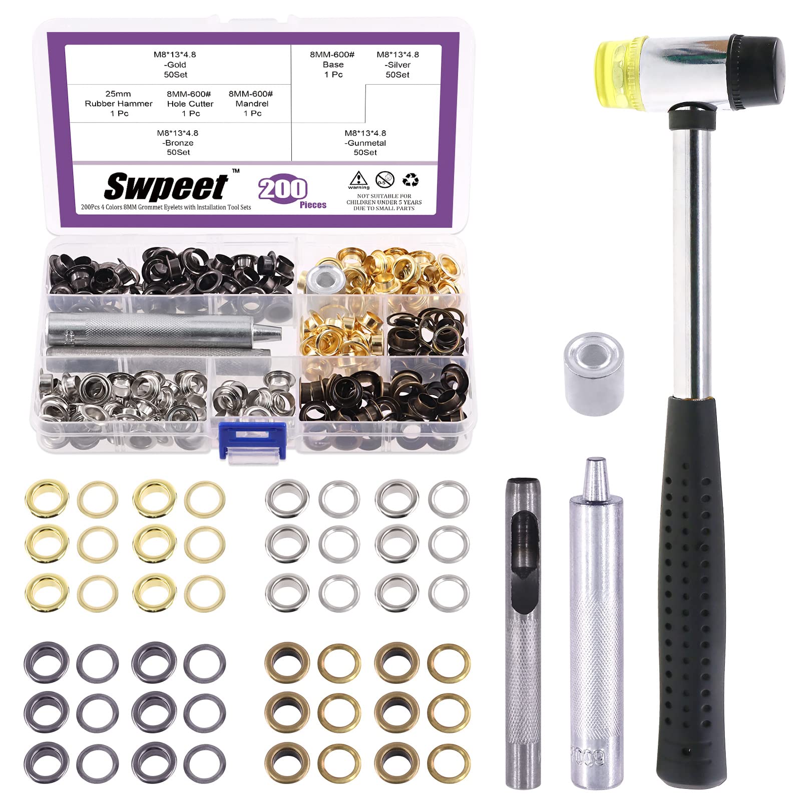 Swpeet 80Pcs, 40Sets 3/10" (8mm) Hole Grommets Thicken 4 Colors Metal Grommets Eyelets Grommets and 3Pcs Setting Instal Tool