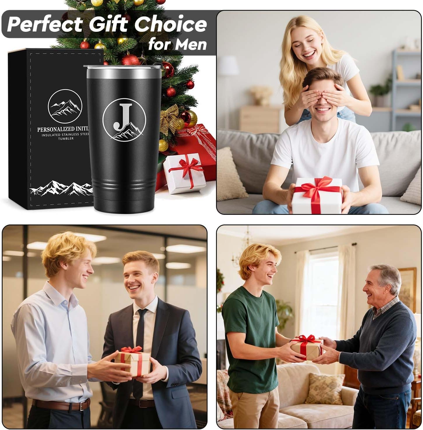Wasocol Personalized Gifts for Men – Initial A-Z Insulated Tumbler Customized Gift, Birthday Gifts for Men Dad Grandpa Husband Boyfriend Brother Him, 20 oz Travel Coffee Mug with Lid(J)