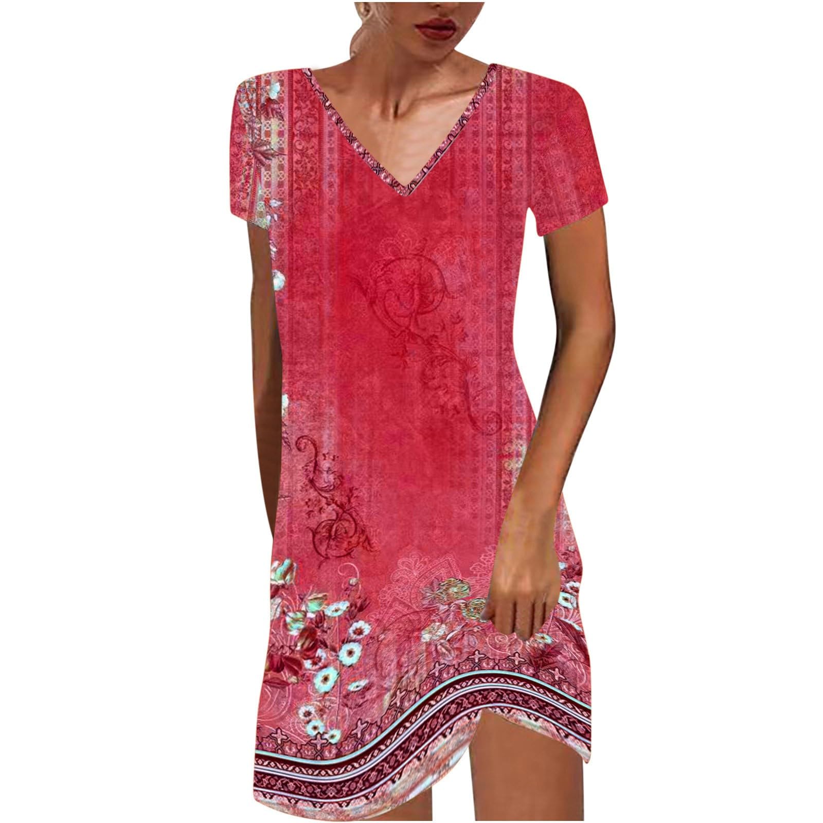 Summer Dresses for Women Boho Floral Print T-Shirts Dress Short Sleeve Sundresses Vintage Loose Tank Dresses