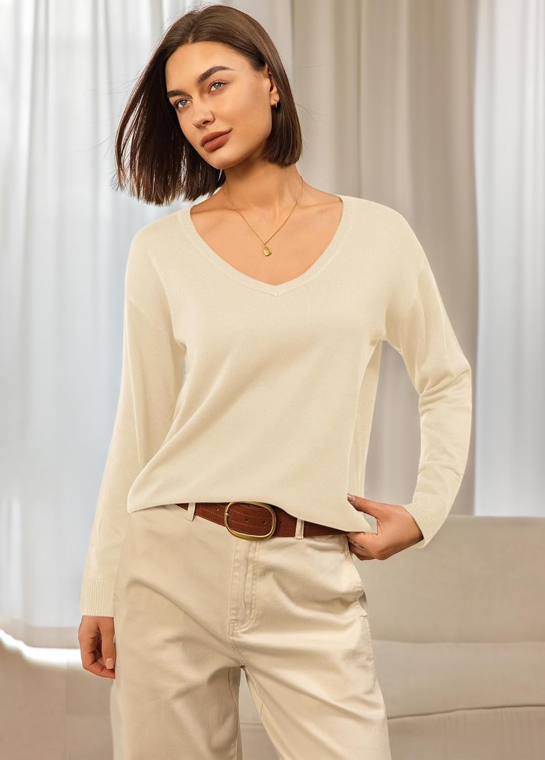 Panadila Women V Neck Oversized Sweaters Casual Off The Shoulder Sweater Knit Long Sleeve Tops Fall Outfits - Image 2