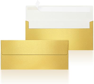 100 Count #10 Gold Metallic Business Envelopes, 80 lb, 4 1/8" x 9 1/2" Metallic Business Letter Size Envelopes, Peel & Press Square Flap, Printable for Professional Mailing and Office Use