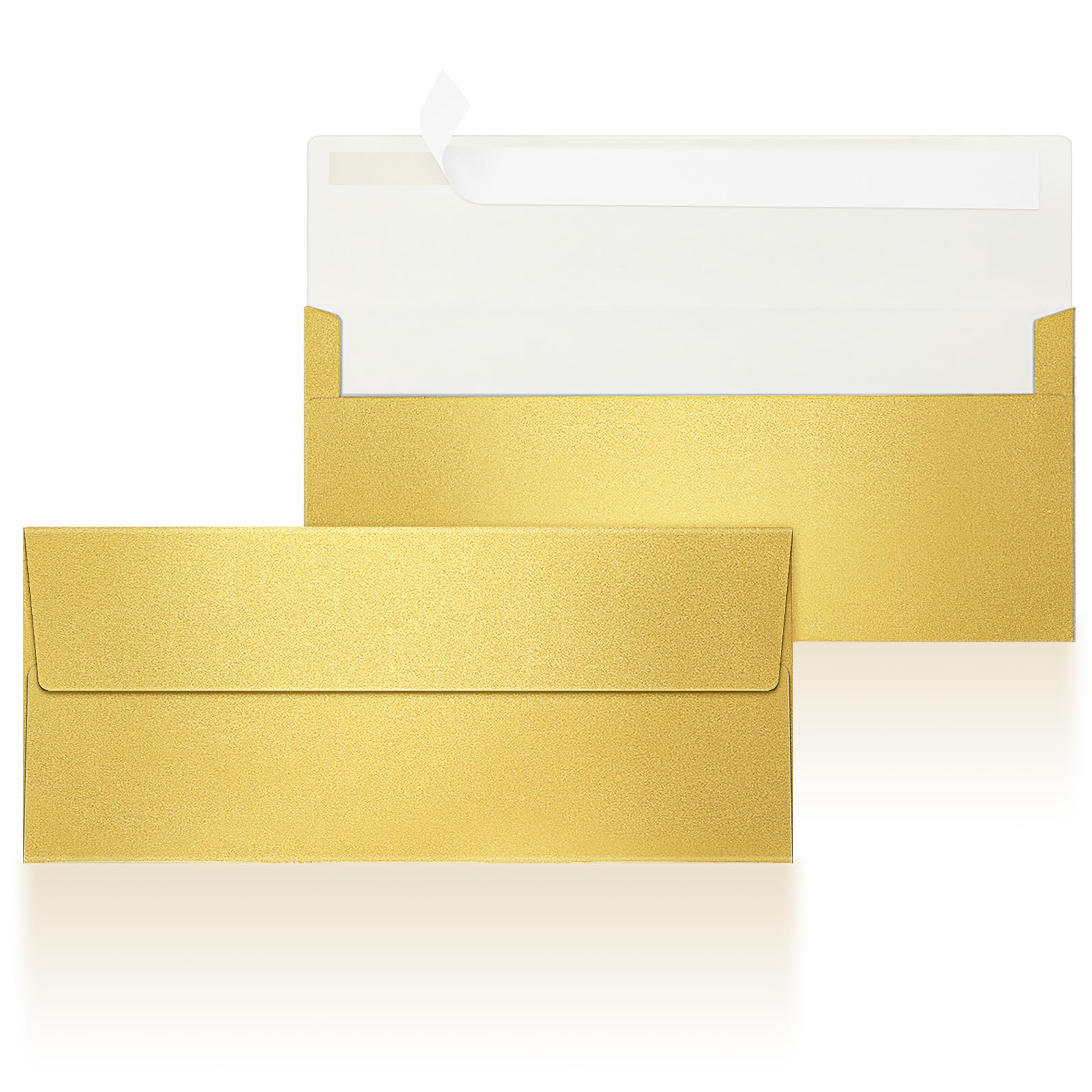 100 sobres metálicos dorados #10 de 80 libras. Texto de 4 1/8 pulgadas x 9 1/2 pulgadas, sobres de tamaño carta de negocios, imprimibles, solapa cuadrada para correo profesional, oficina