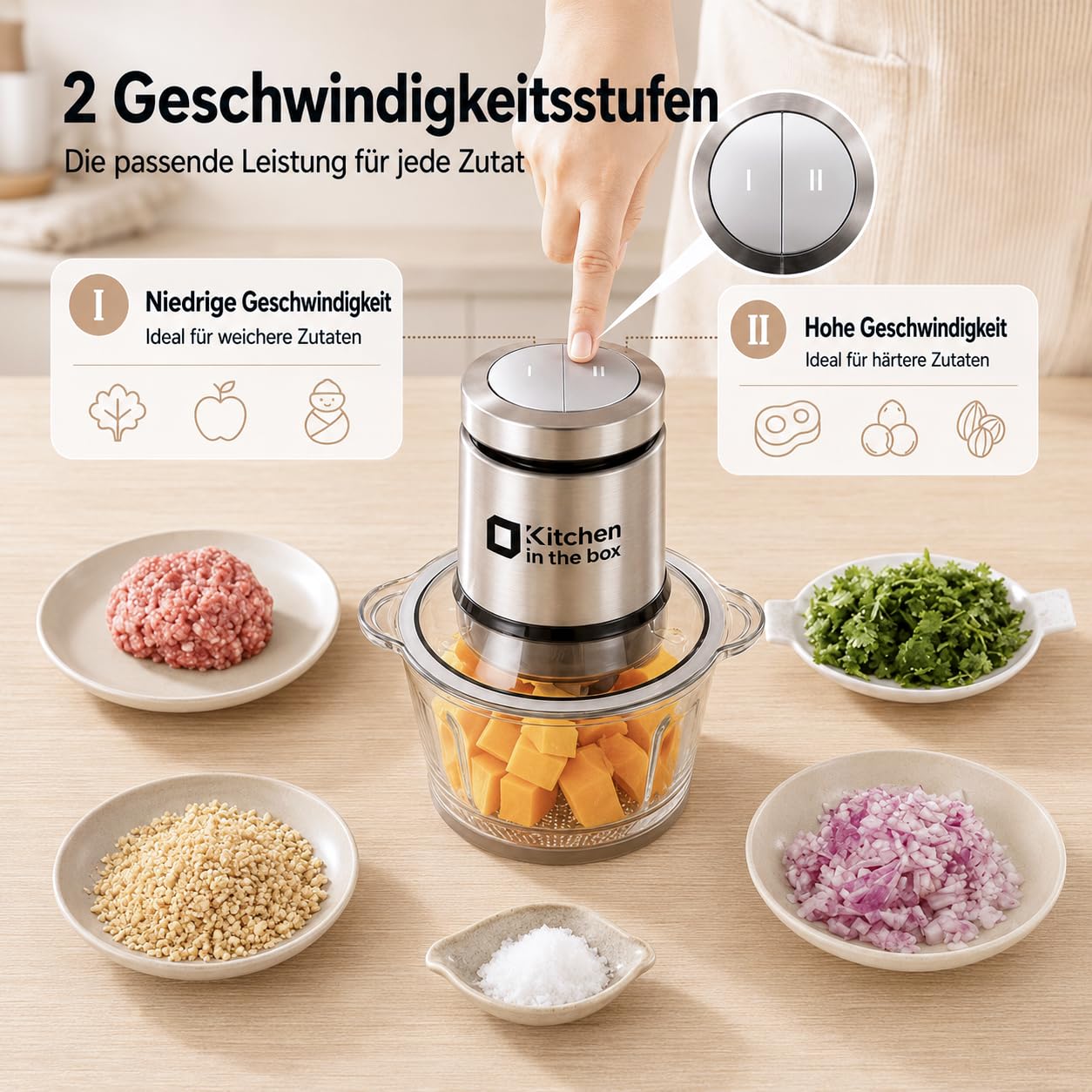 Kitchen in the Box Zerkleinerer küche Elektrisch mit 2 Schüsseln (1L Glasschüssel+2L Stahlschüssel),400W Multizerkleinerer fleischwolf mit 2 Bi-Level Klingen für Fleisch,Babynahrung,Obst,Gemüse