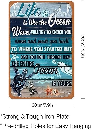 Miniatura 2 de Póster de metal Life Is Like The Ocean Turtle de 12 x 8 pulgadas, decoración de pared náutica de playa costera, color verde azulado, cita