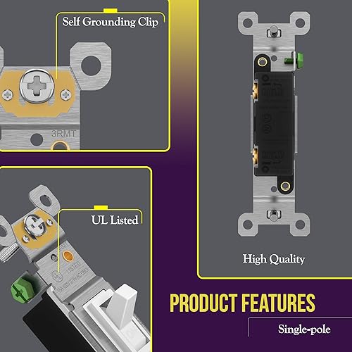 Miniatura 4 de ENERLITES Interruptor de luz de palanca, polo único, 15 A, 120-277 V, tornillo de puesta a tierra, grado residencial, certificación UL, 88115-W-10