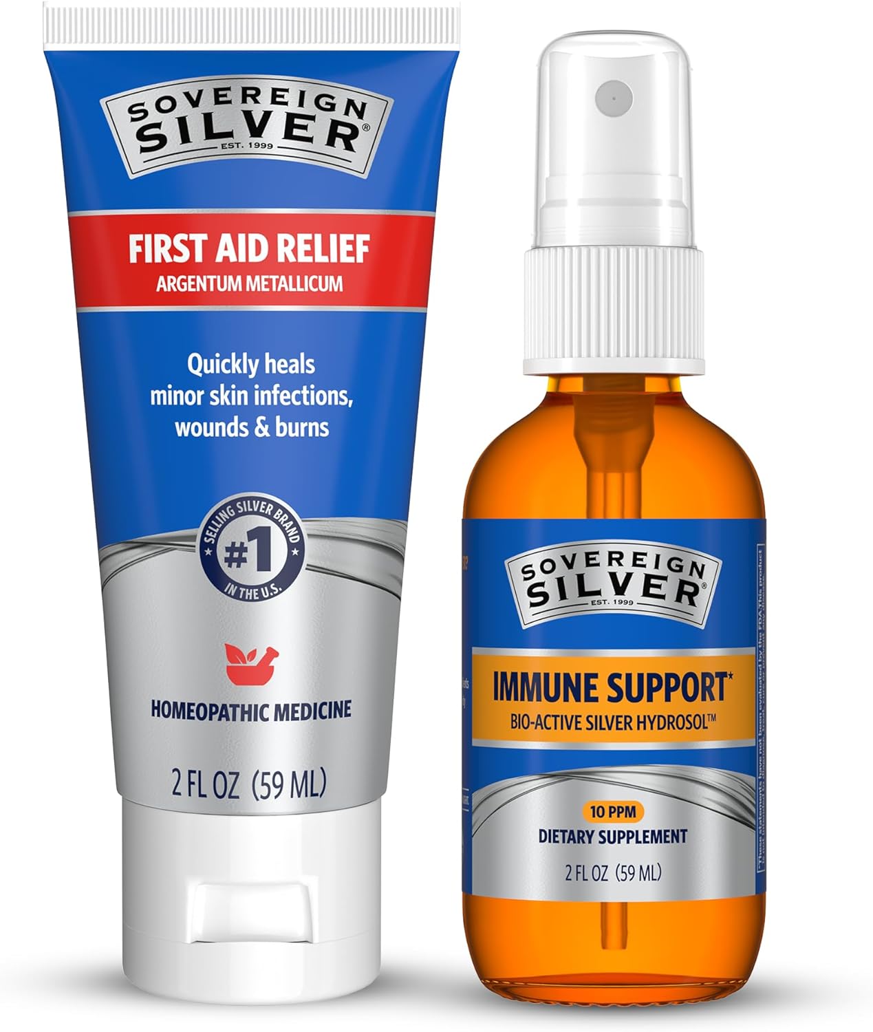 Sovereign Silver First Aid Homeopathic Gel + Bio-Active Silver Hydrosol Spray, 10 Fl Oz Each, Skin Care & Immune Support Combo Pack
