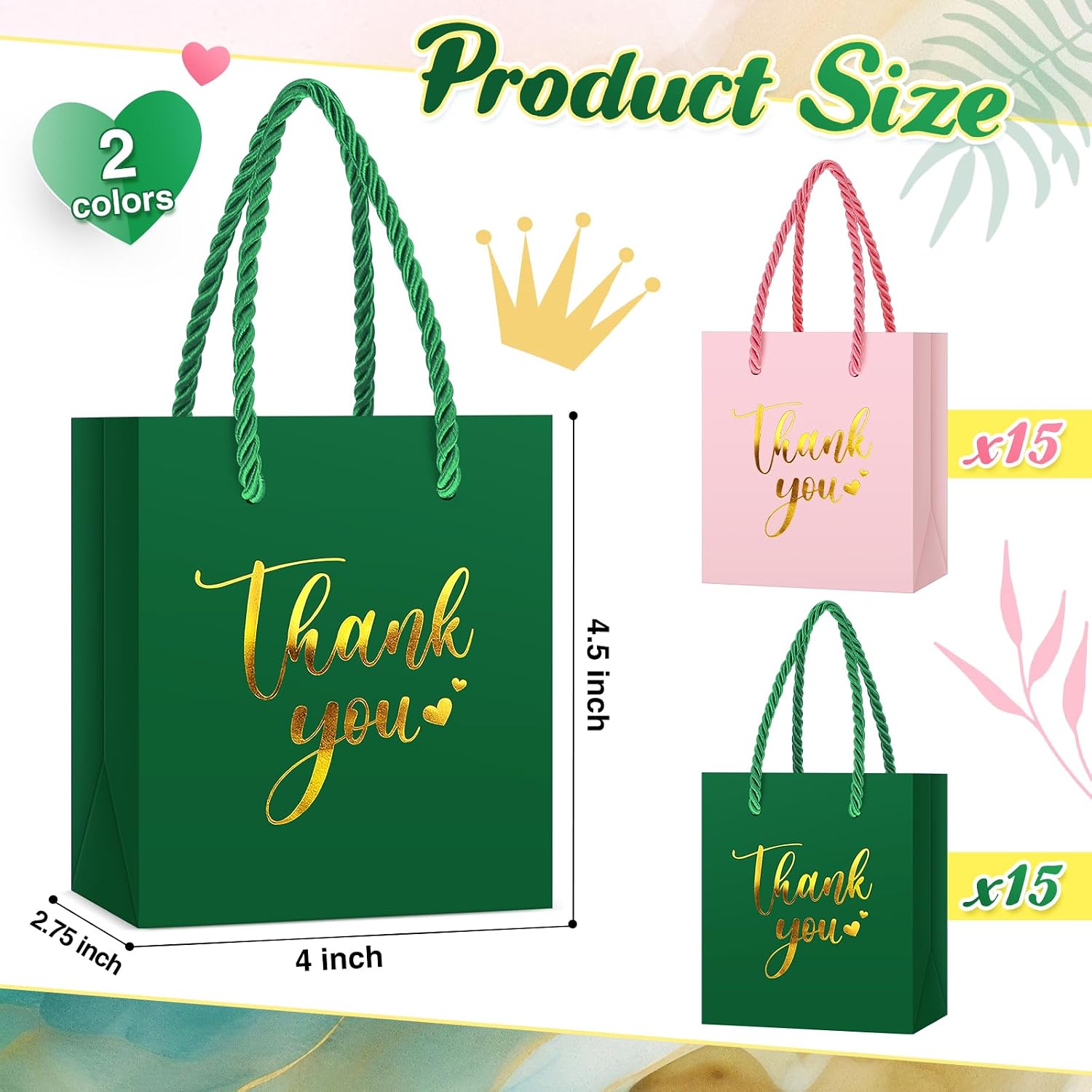 Honoson 30 Pcs Mini Thank You Gift Bag with Handle, Green & Pink/Gold image 3