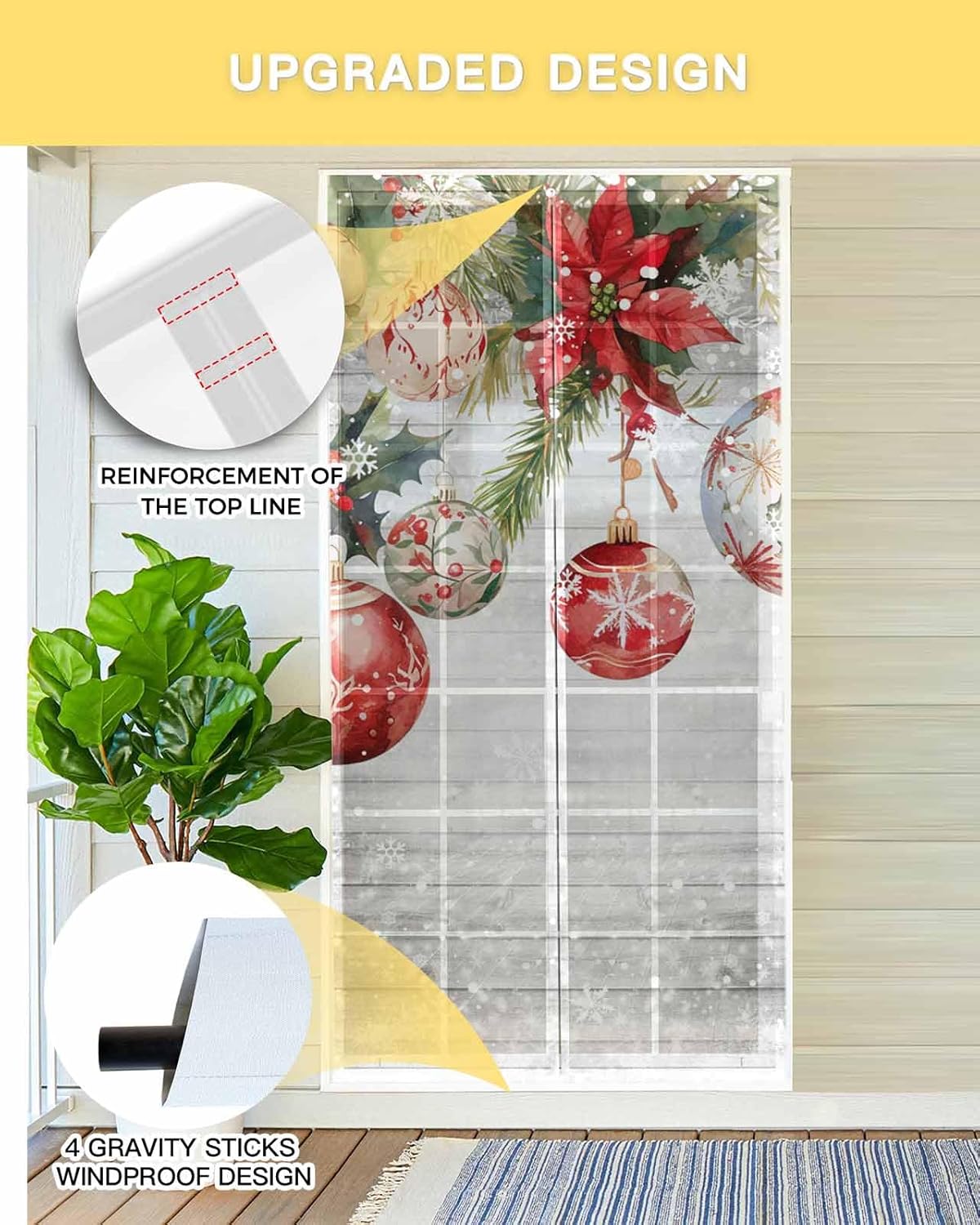 Grey Wooden Christmas Ball Magnetic Screen Door, Xmas Poinsettia Snowflake Hands Free Screen Mesh Size 38" x 83", Reinforce Heavy Duty Mesh Screen Doors for Patio/Front/Sliding Door
