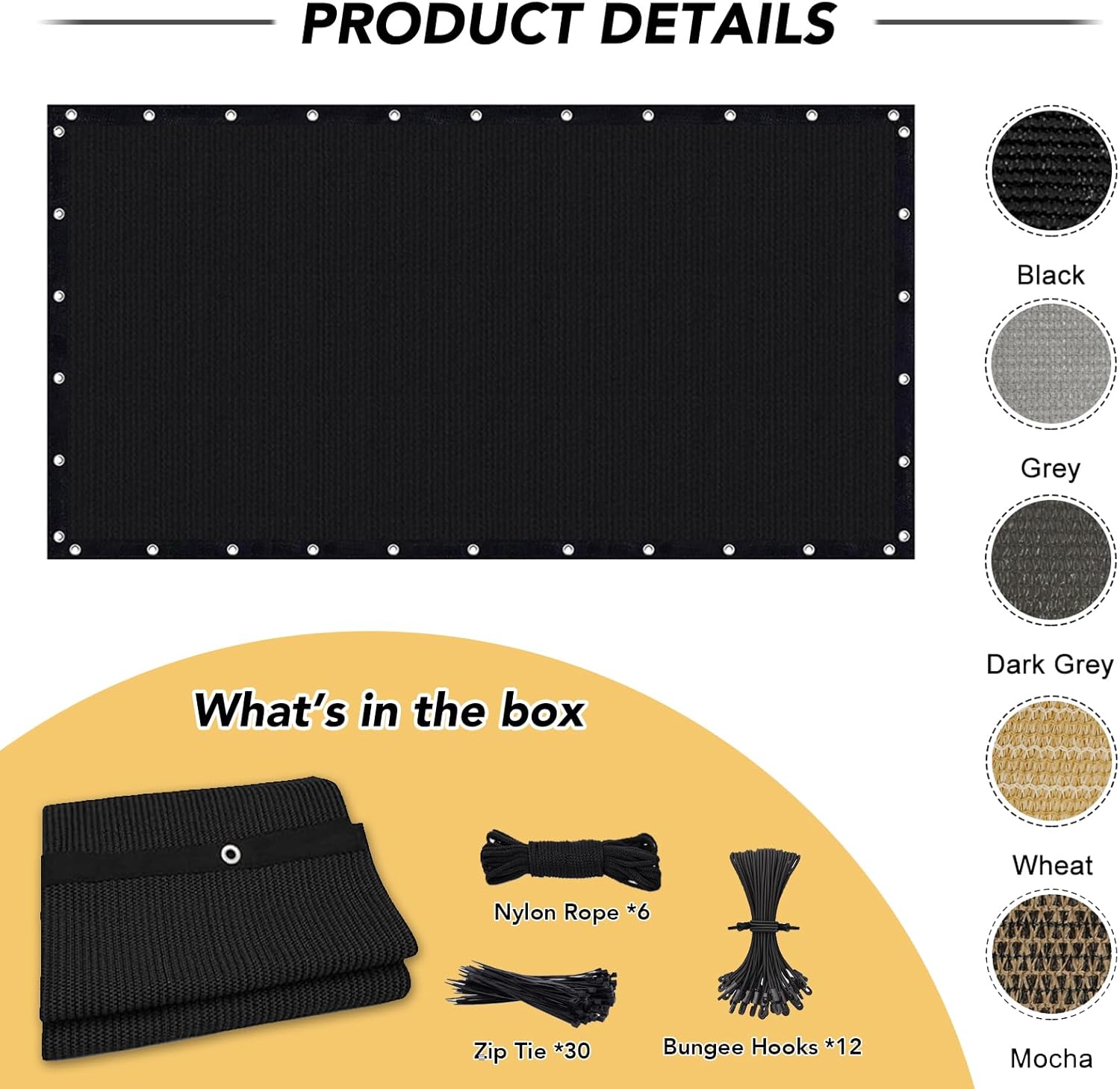 KANAGAWA 90% Sun Shade Cloth 6'X 10' Black Pergola Shade Cover Canopy with Grommets Shade Tarp Sun Shades Outdoor Patio for Porch Pergola & Carport Use