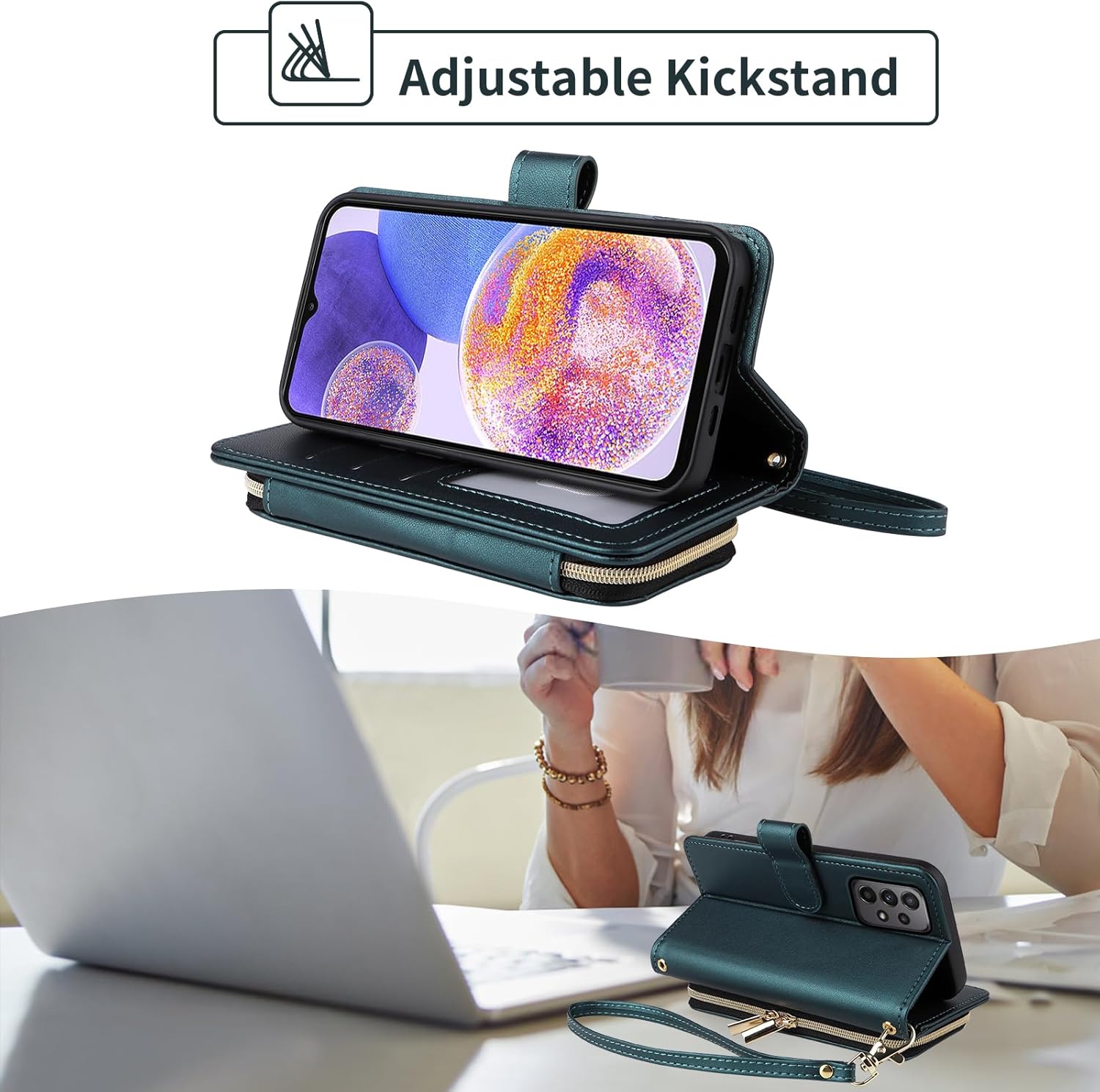 Wallet Case for Samsung Galaxy A53 5G with Detachable Wrist Strap, 9+ Card Slots Zipper Purse, Luxury PU Leather Stand Full Body Phone Cover for A 53 G5 53A SM A536U 6.5" 2022 Women Green