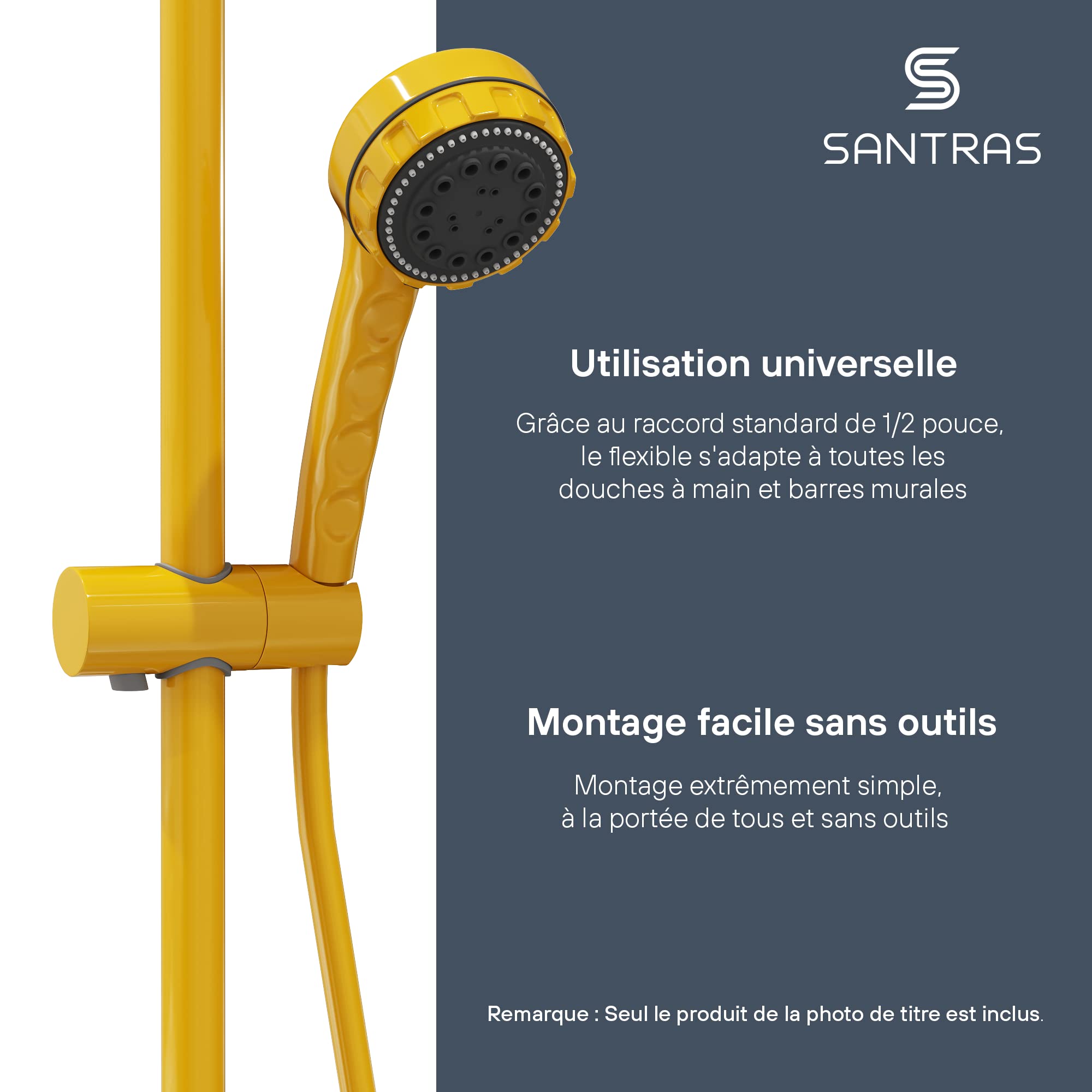 SANTRAS® Flexible de Douche 1,50 m Jaune (RAL 1004) PVC – anti-torsion et anti-pliure | raccord universel 1/2" avec joints pour douche et baignoire