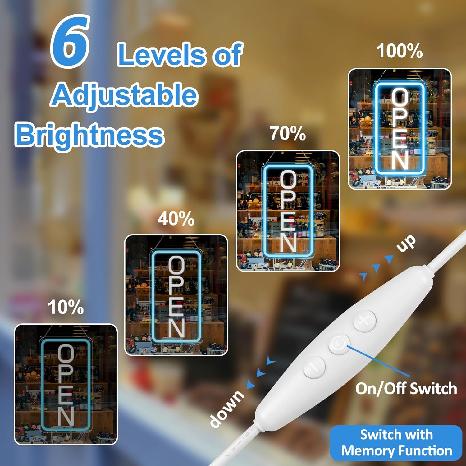 Open Signs for Business, 16''×9'' Bright Open Sign LED Powered by USB with ON/OFF Switch, Adjustable Brightness COB Open Signs for Bar Shop Coffee Wall Window Storefront (Ice Blue & White; Vertical) - Image 6