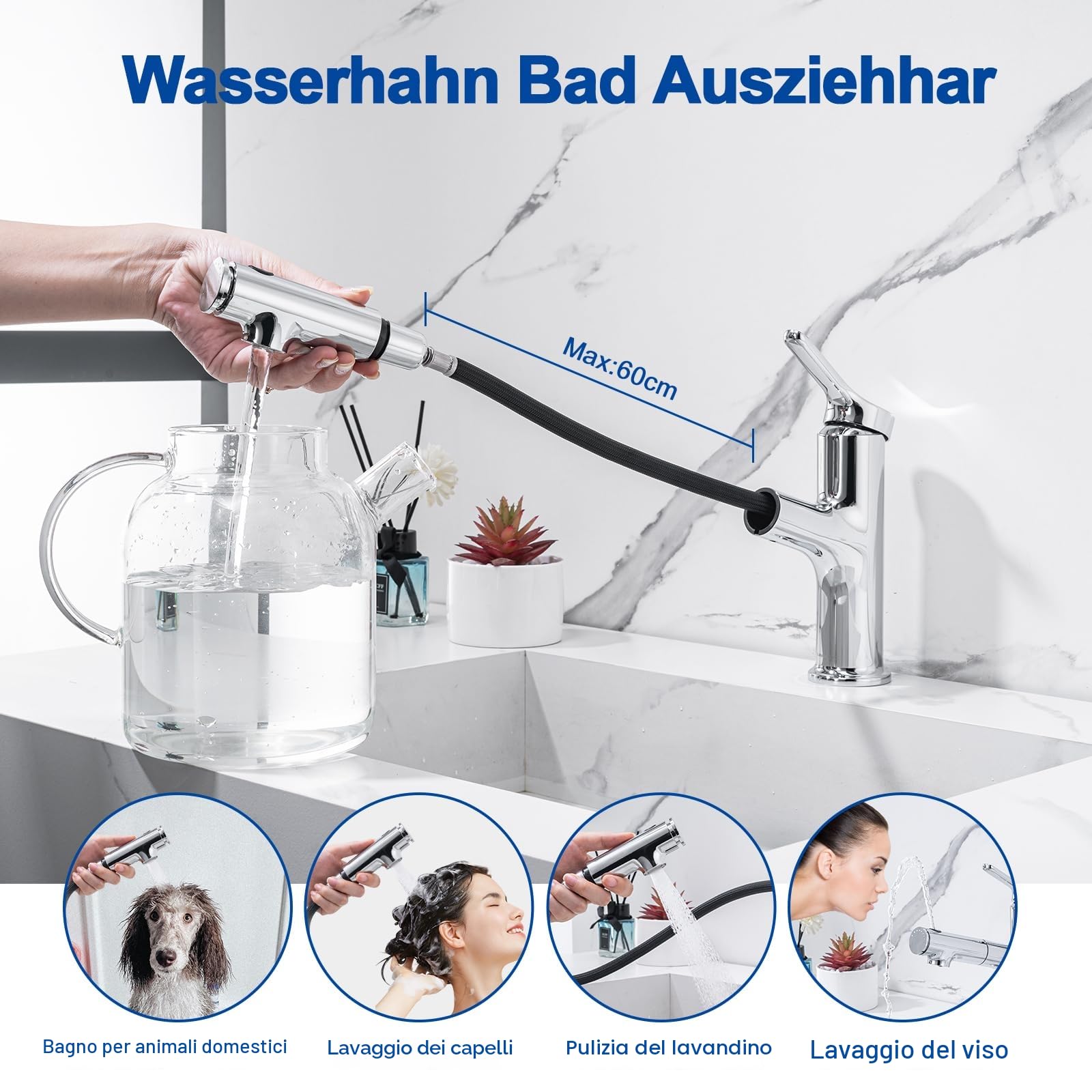 Rubinetto Bagno Lavabo Con Doccetta Estraibile a 3 Modalità, Miscelatore Lavabo Estraibile, Rubinetti Monocomando Bagno con Doccetta, Aeratore Rimovibile, Senza Piombo,Cromato