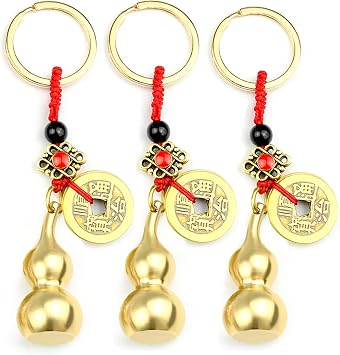 QTMY 3 Pack Chinese Feng Shui Gourd Brass Wu Lou Keychains Feng Shui Coins Calabash Decorations Pendant Key Rings for Good Luck Fortune Longevity Wealth Success