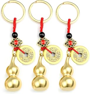 QTMY 3 Pack Chinese Gourd Brass Wu Lou Keychains Feng Shui Coins Calabash Decorations Pendant Key Rings for Good Luck Fortune Longevity Wealth Success
