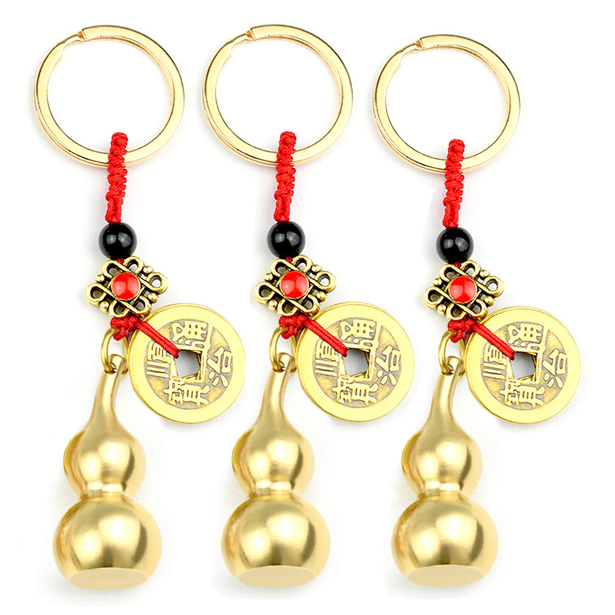 QTMY 3 Pack Chinese Feng Shui Gourd Brass Wu Lou Keychains Feng Shui Coins Calabash Decorations Pendant Key Rings for Good Luck Fortune Longevity Wealth Success