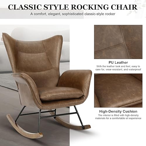 Miniatura 5 de Gecheer Rocker - Silla mecedora moderna de piel sintética, con base de madera, respaldo alto y reposabrazos, asiento acolchado, cómoda silla