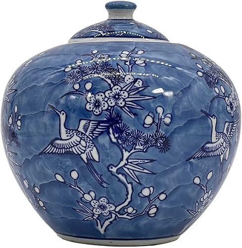 Galt International Tarro chinoiserie de grúa floral azul y blanco de 8 pulgadas con tapa decorativa de jengibre para centro de mesa, almacenamiento